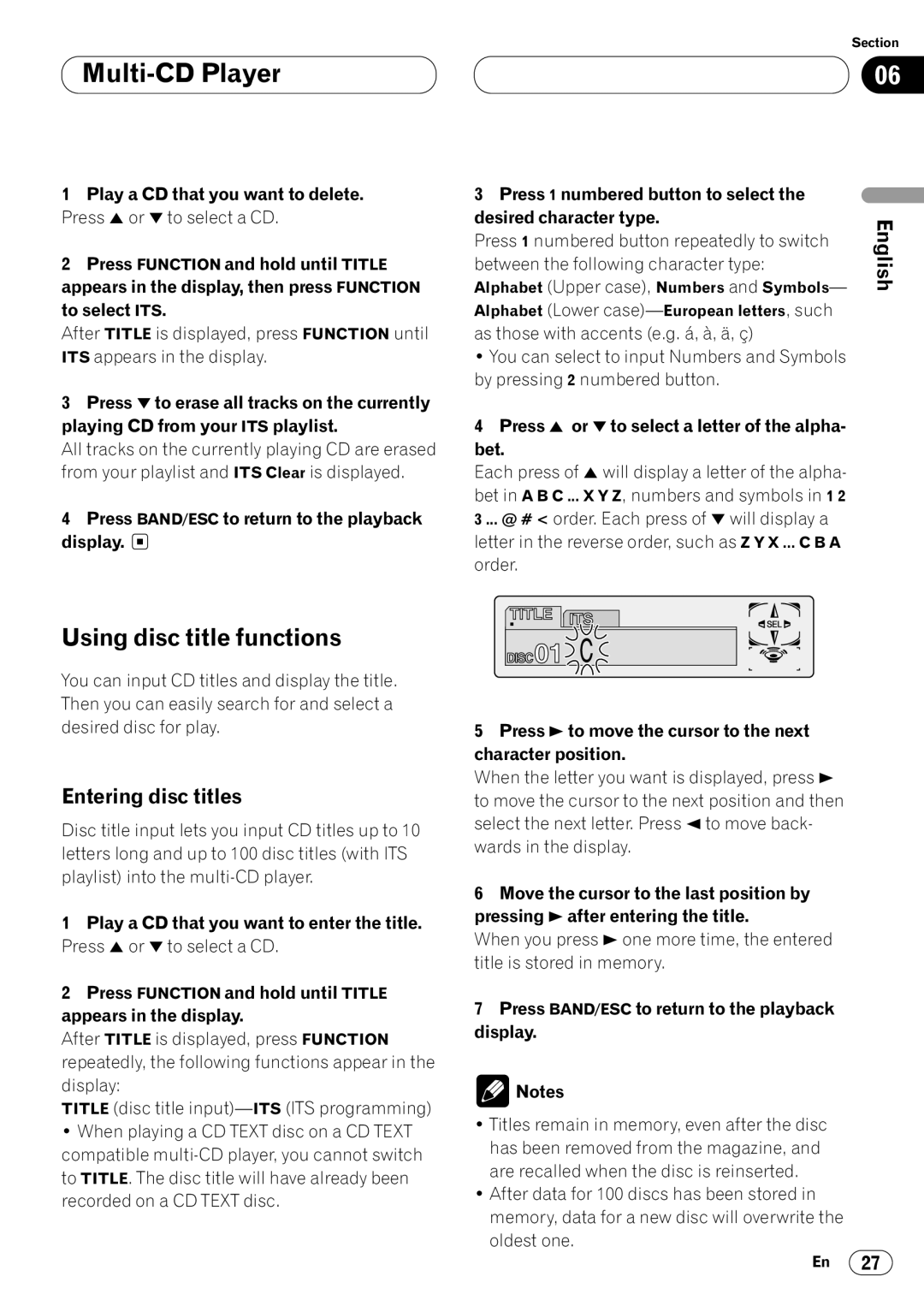 Pioneer KEH-P7020R operation manual Using disc title functions, Entering disc titles 