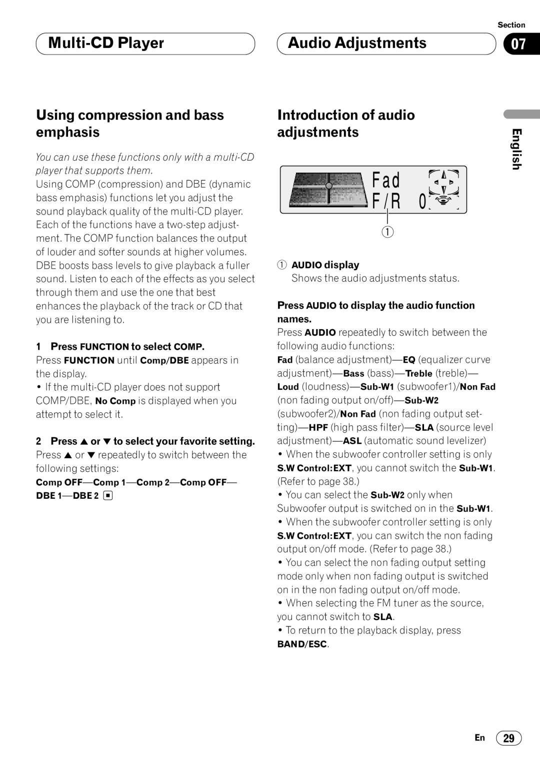 Pioneer KEH-P7020R Audio Adjustments, Using compression and bass emphasis, Introduction of audio Adjustments 