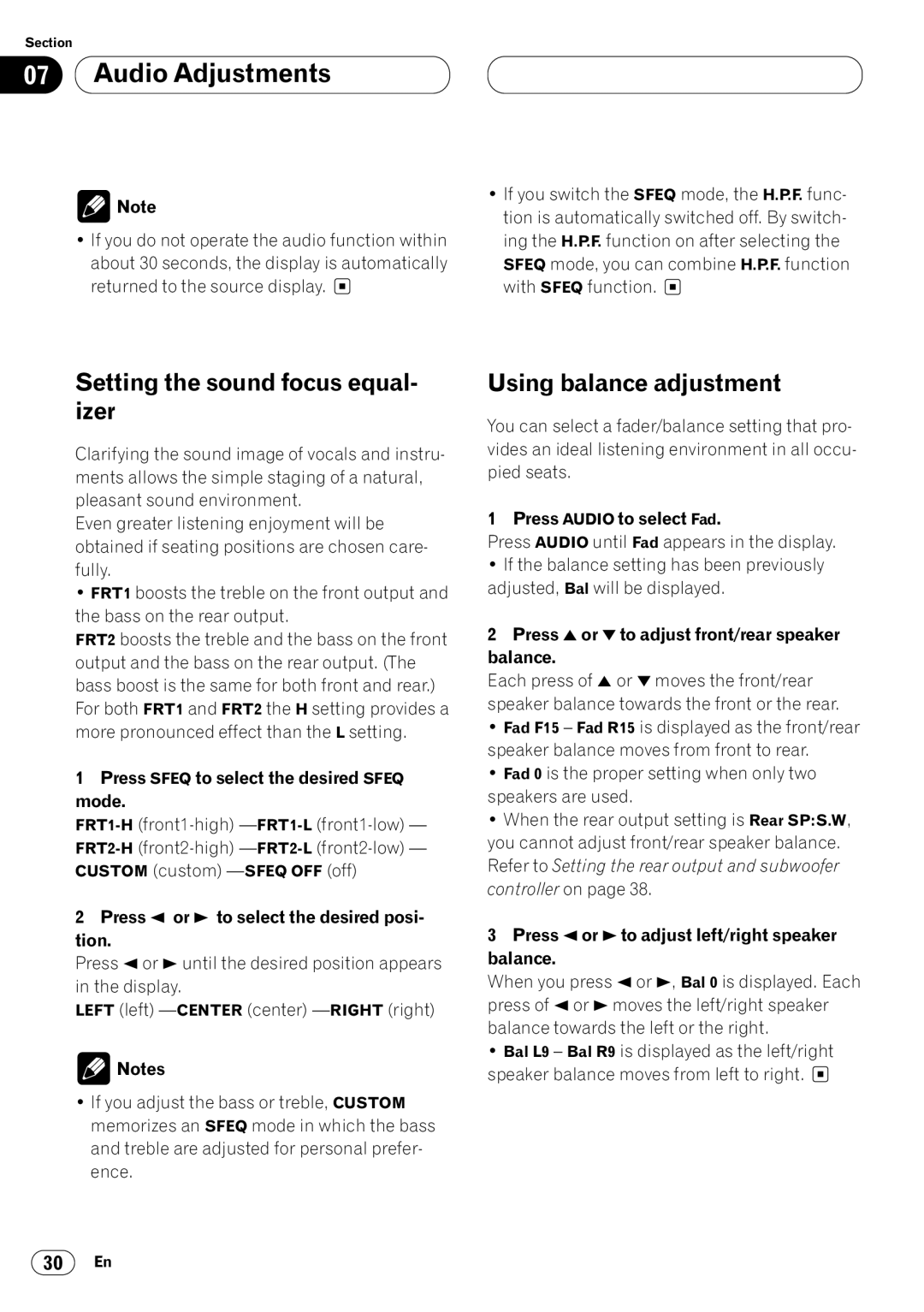 Pioneer KEH-P7020R operation manual Setting the sound focus equal- izer, Using balance adjustment 