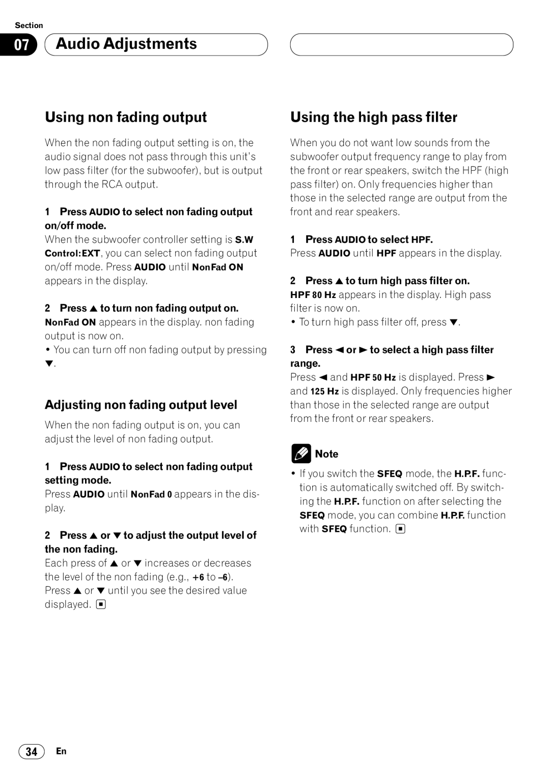 Pioneer KEH-P7020R operation manual Using non fading output, Using the high pass filter, Adjusting non fading output level 