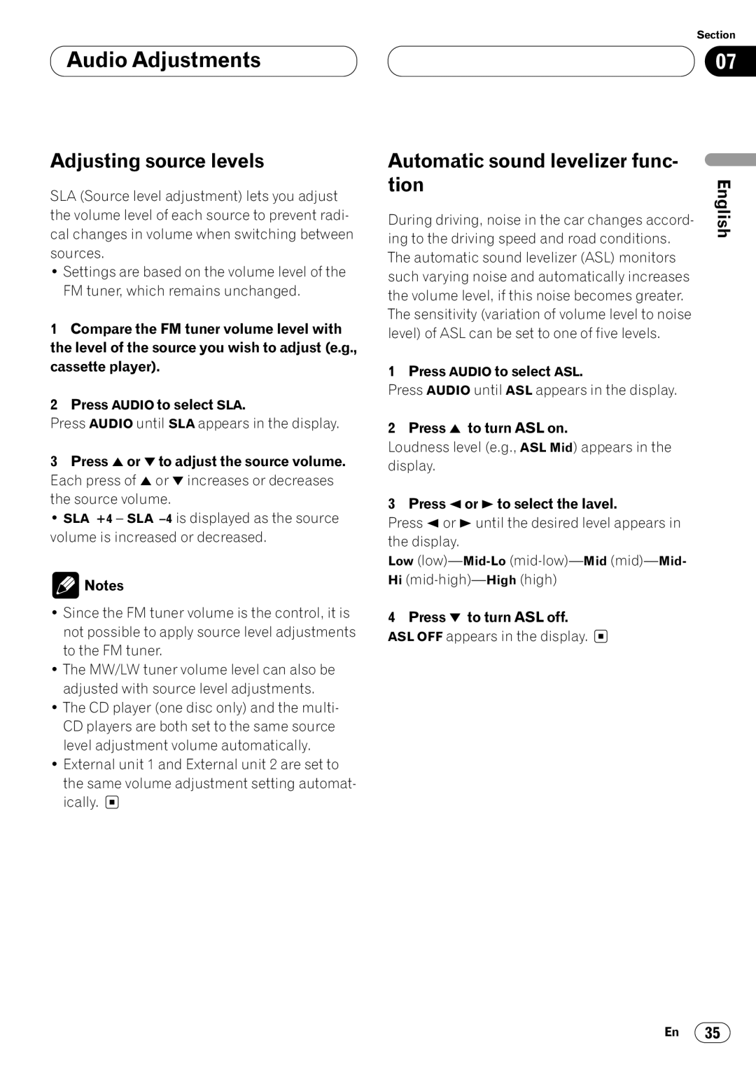 Pioneer KEH-P7020R operation manual Adjusting source levels, Automatic sound levelizer func Tion 