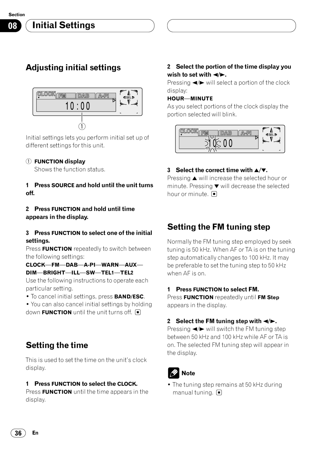 Pioneer KEH-P7020R Initial Settings, Adjusting initial settings, Setting the time, Setting the FM tuning step 