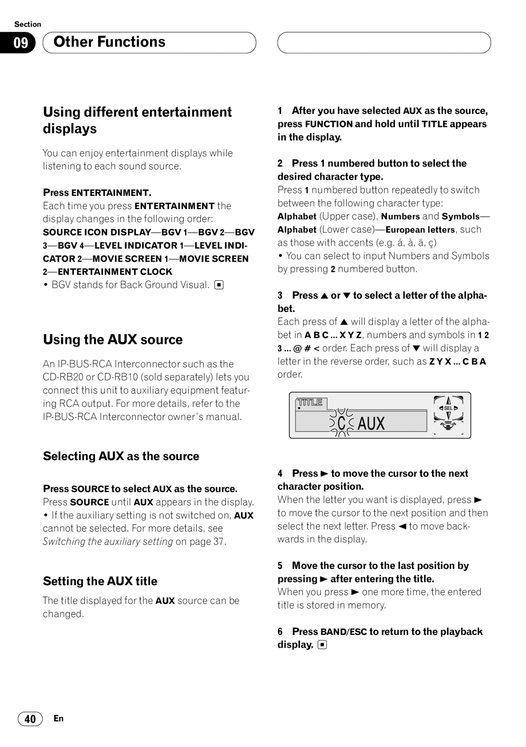 Pioneer KEH-P7020R Other Functions, Using different entertainment displays, Using the AUX source, Setting the AUX title 