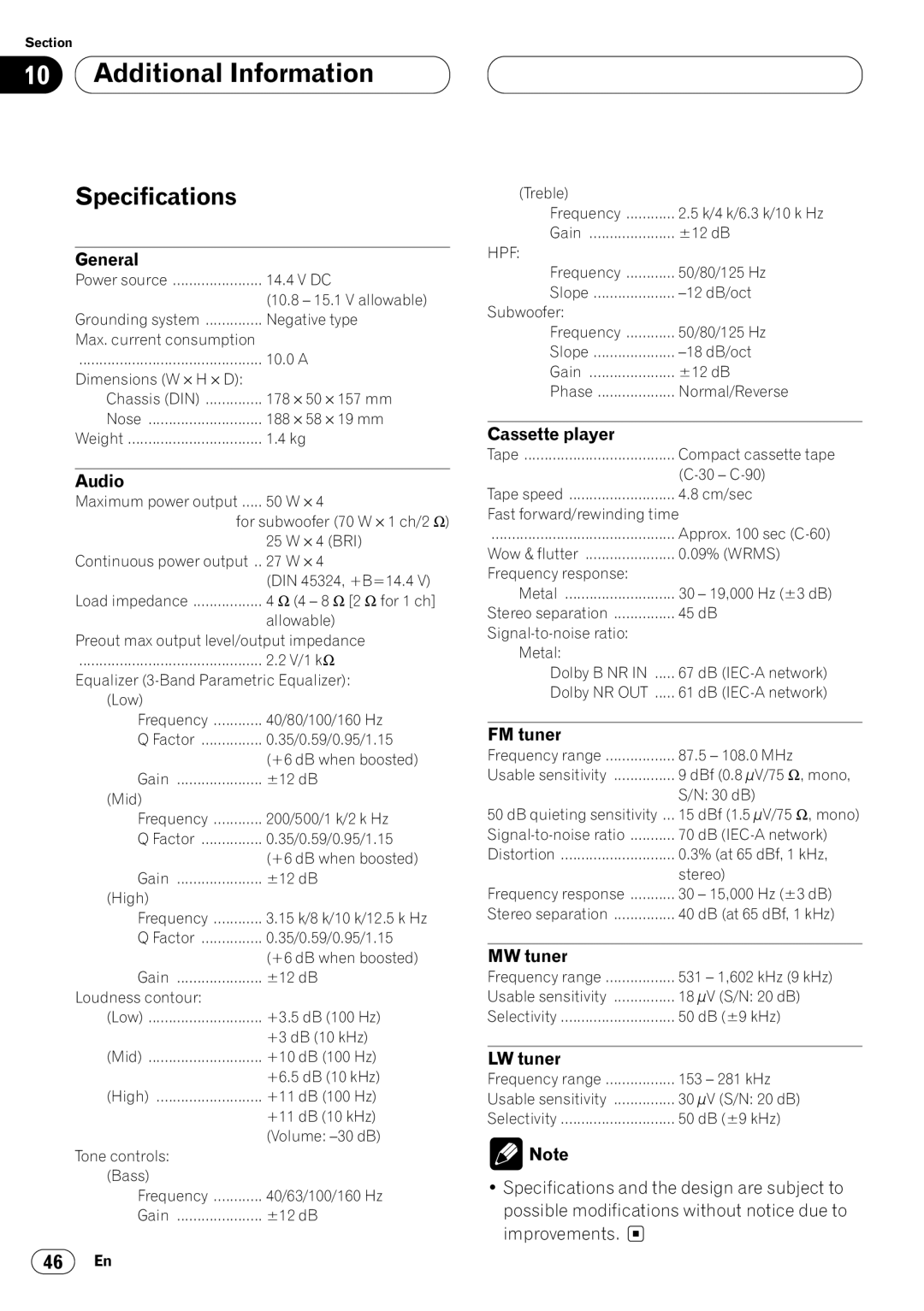 Pioneer KEH-P7020R operation manual Specifications 