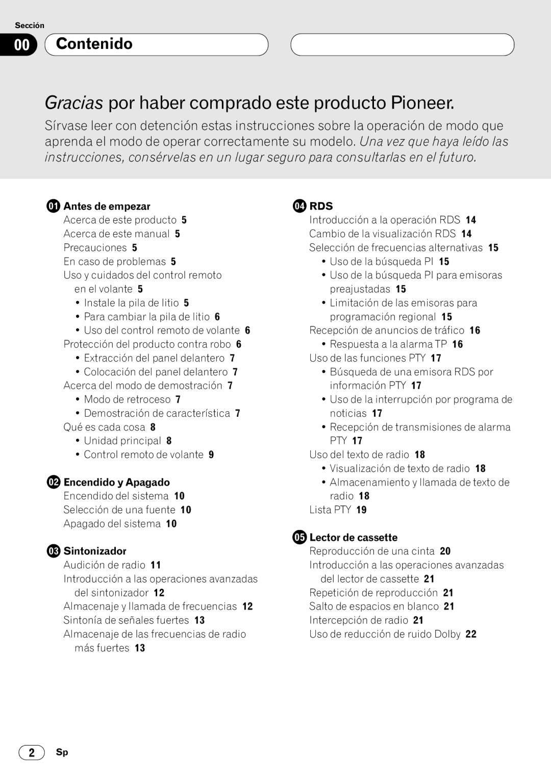 Pioneer KEH-P7020R Contenido, Antes de empezar, Encendido y Apagado, Sintonizador Audición de radio, Lector de cassette 