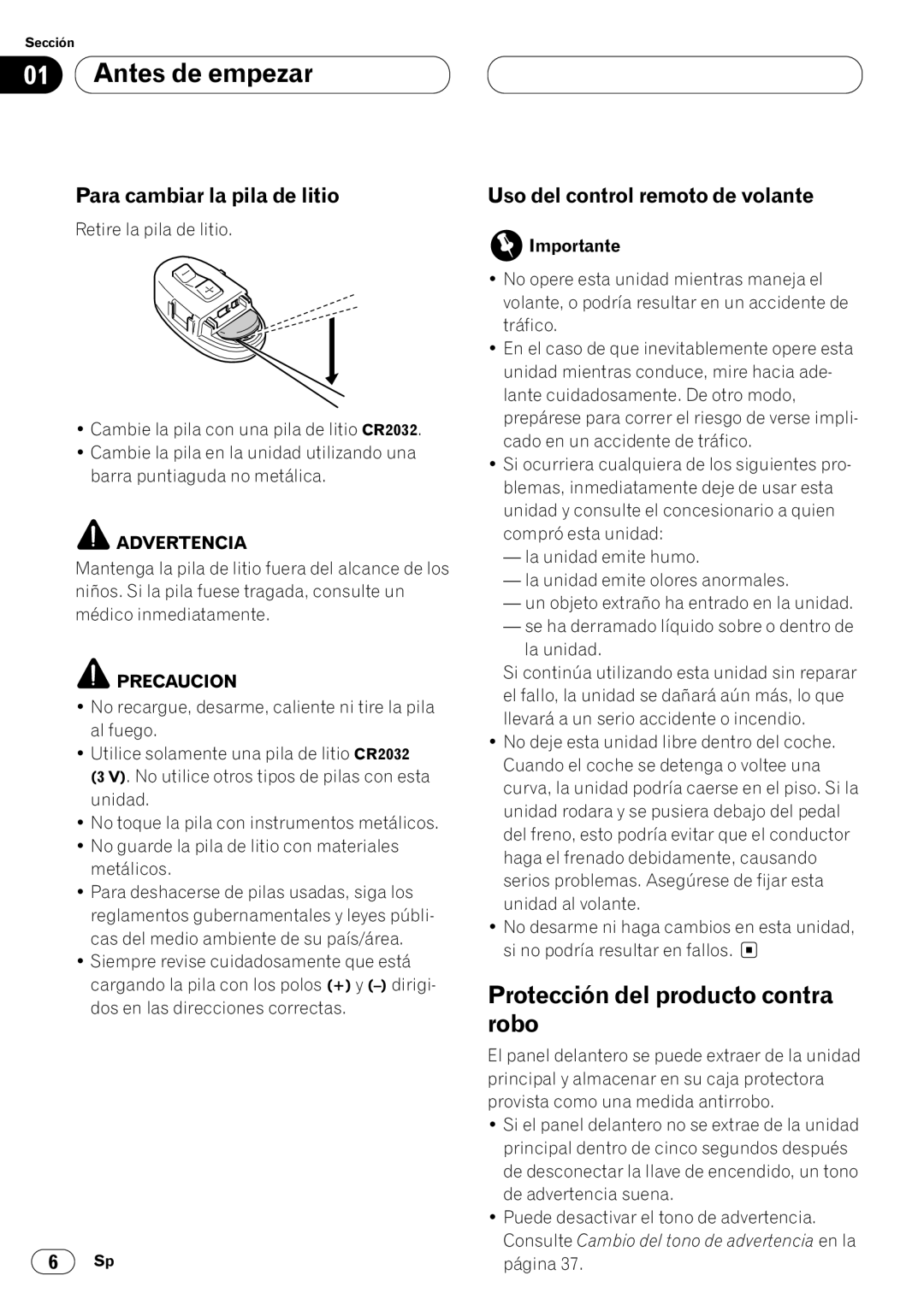 Pioneer KEH-P7020R Protección del producto contra robo, Para cambiar la pila de litio, Uso del control remoto de volante 