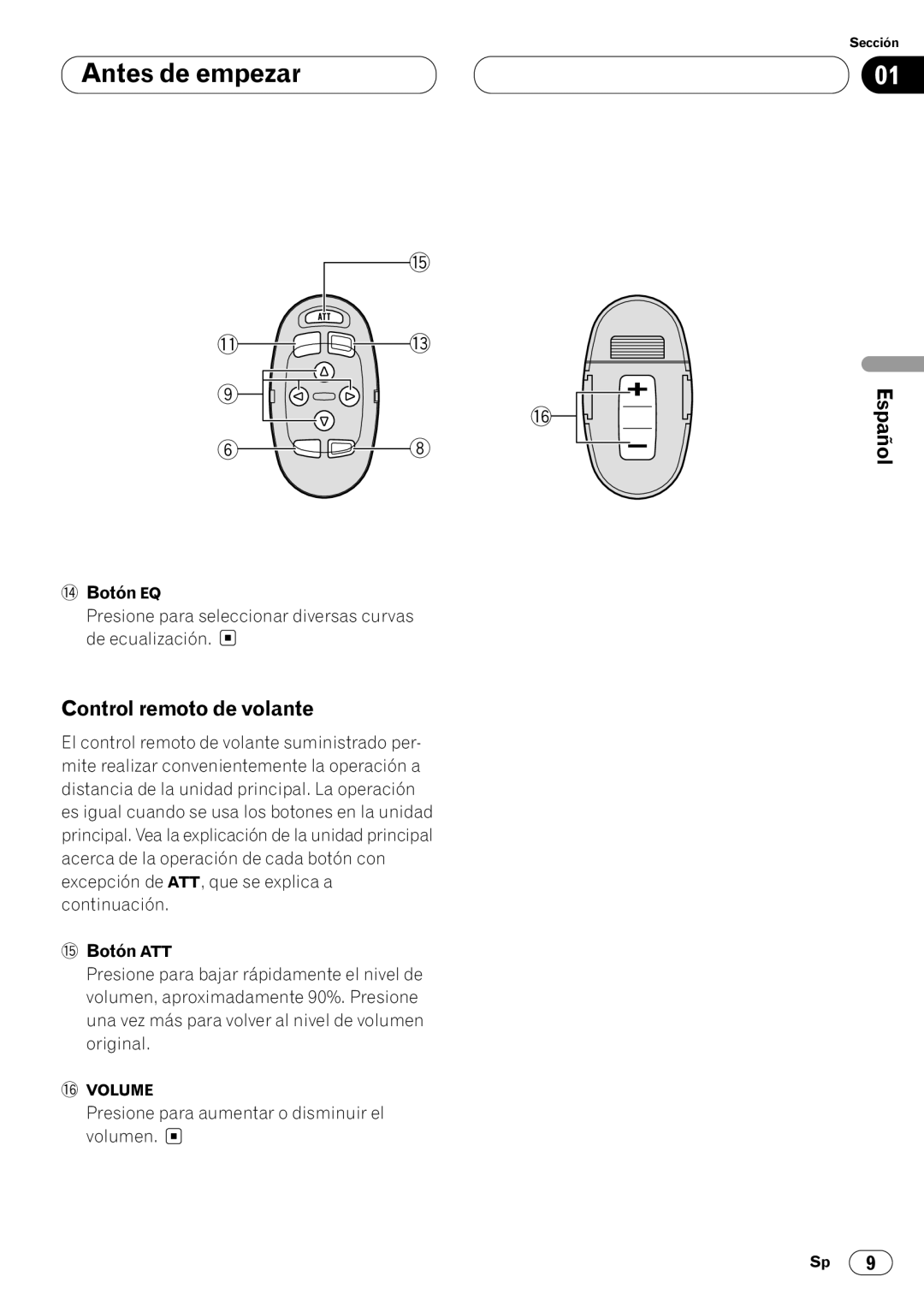 Pioneer KEH-P7020R operation manual Control remoto de volante, Botón EQ, @ Botón ATT 