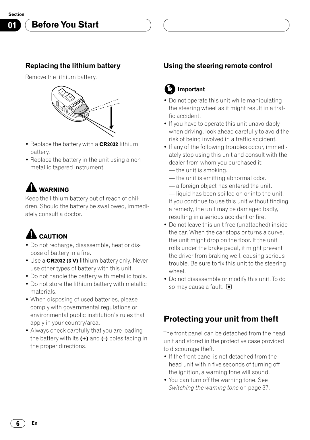 Pioneer KEH-P7020R Protecting your unit from theft, Replacing the lithium battery, Using the steering remote control 