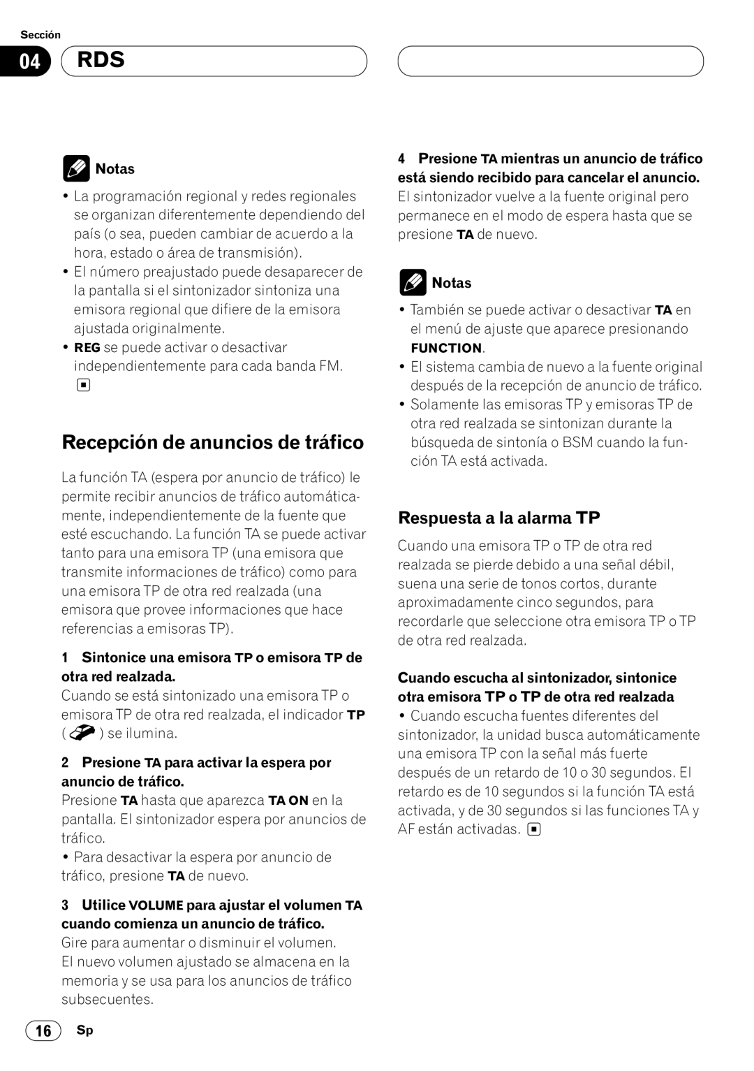 Pioneer KEH-P7020R operation manual Recepción de anuncios de tráfico, Respuesta a la alarma TP 