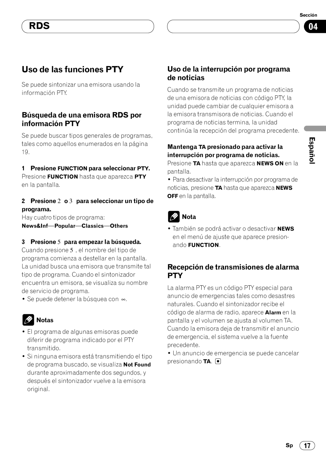 Pioneer KEH-P7020R operation manual Uso de las funciones PTY, Búsqueda de una emisora RDS por información PTY 