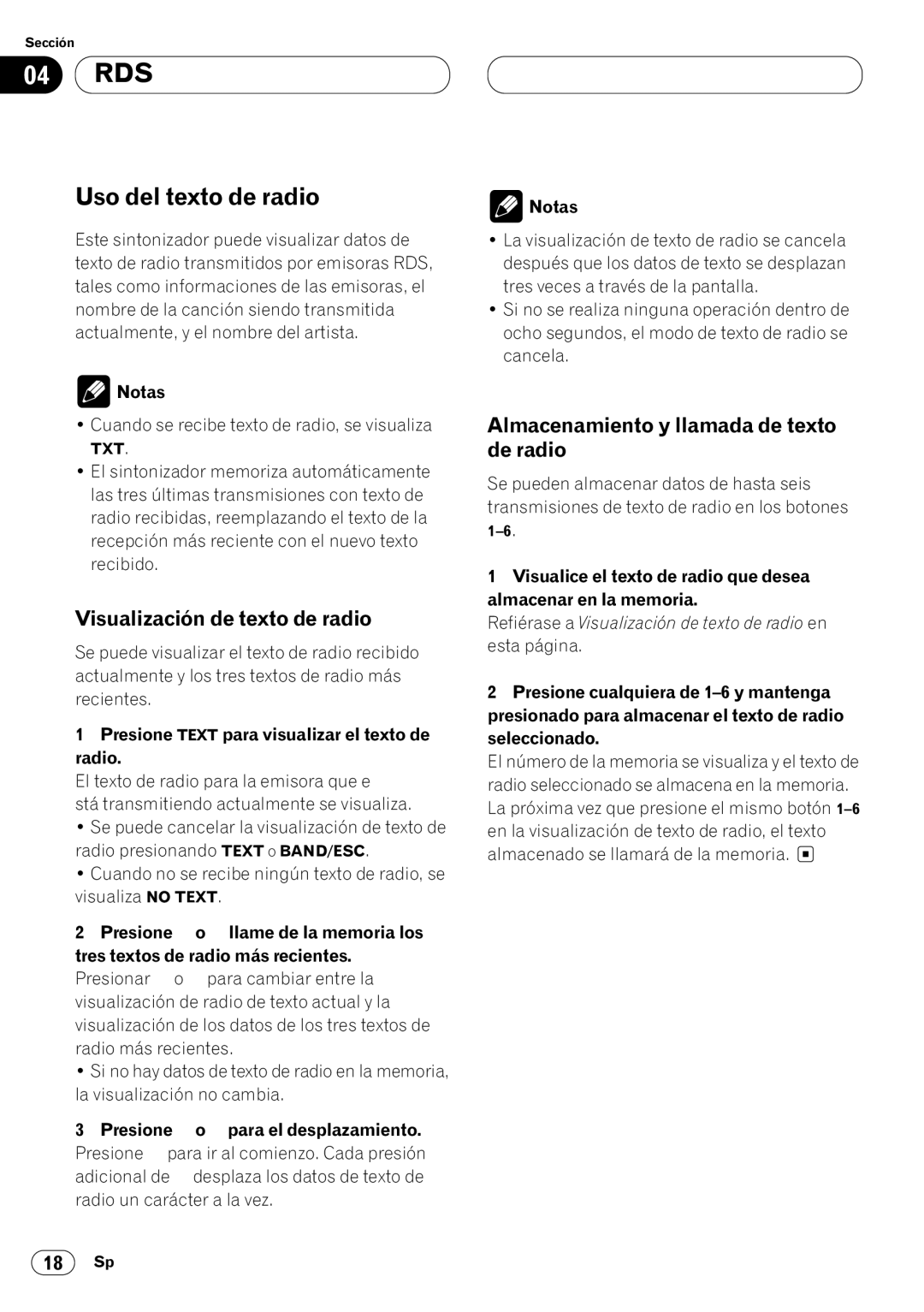 Pioneer KEH-P7020R Uso del texto de radio, Visualización de texto de radio, Almacenamiento y llamada de texto de radio 