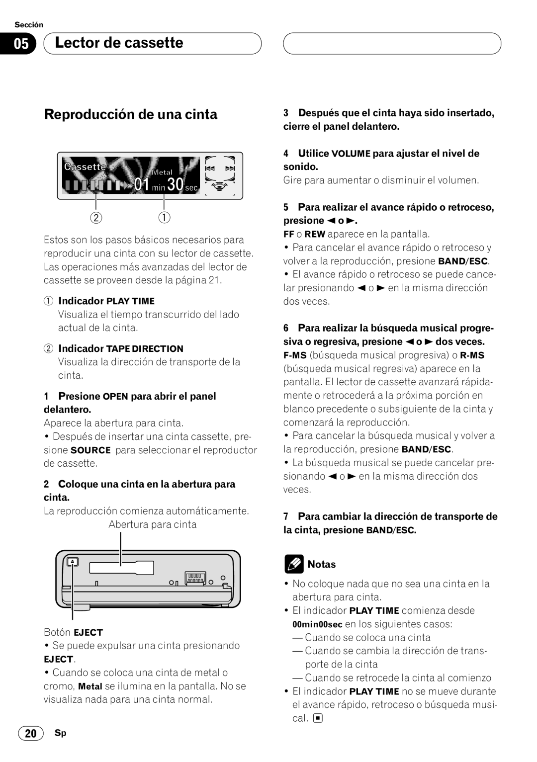 Pioneer KEH-P7020R operation manual Lector de cassette, Reproducción de una cinta 