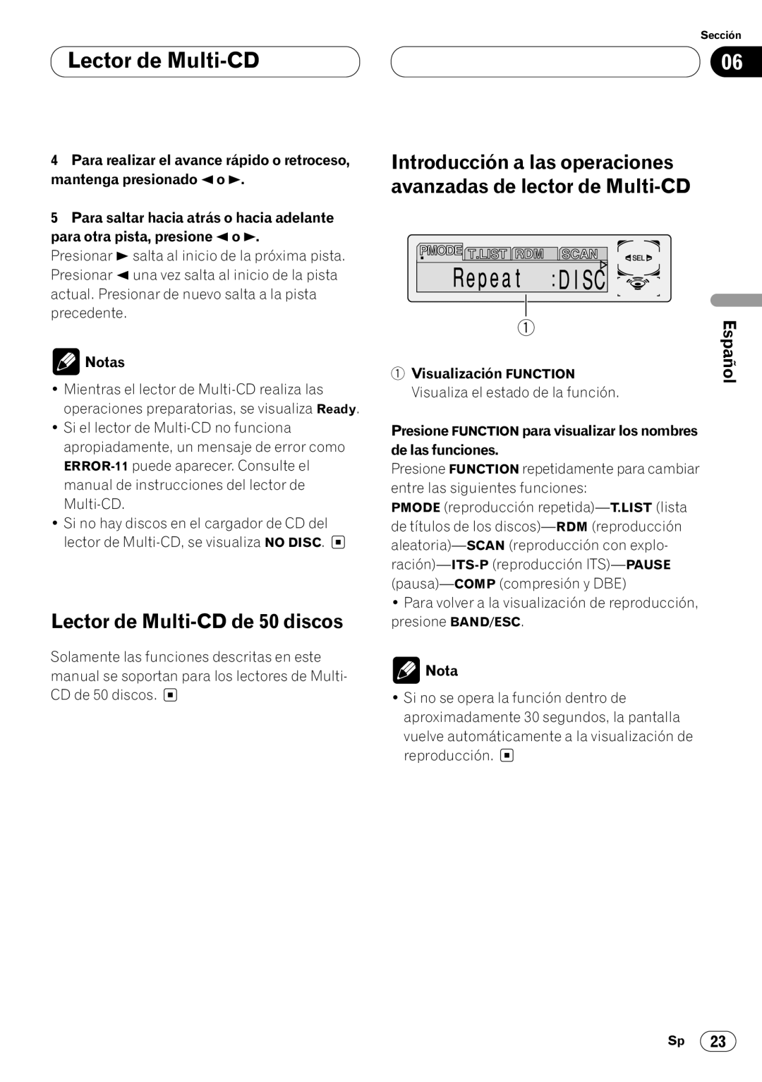 Pioneer KEH-P7020R operation manual Lector de Multi-CD de 50 discos, Español, Visualización Function, De las funciones 