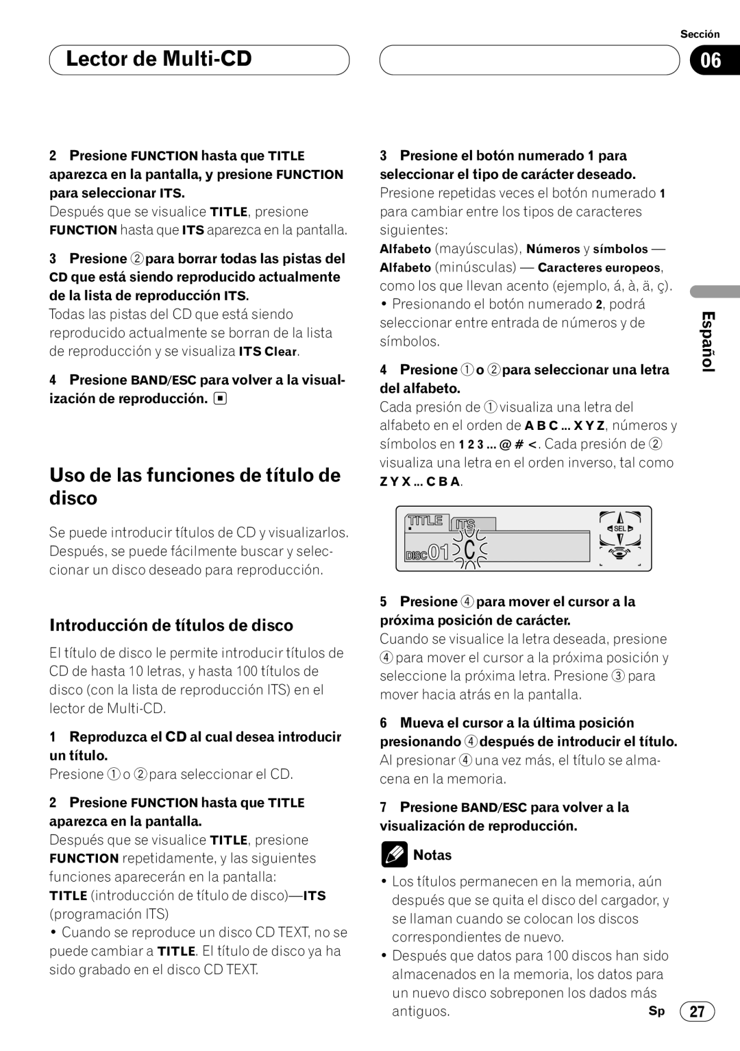 Pioneer KEH-P7020R operation manual Uso de las funciones de título de disco, Introducción de títulos de disco 