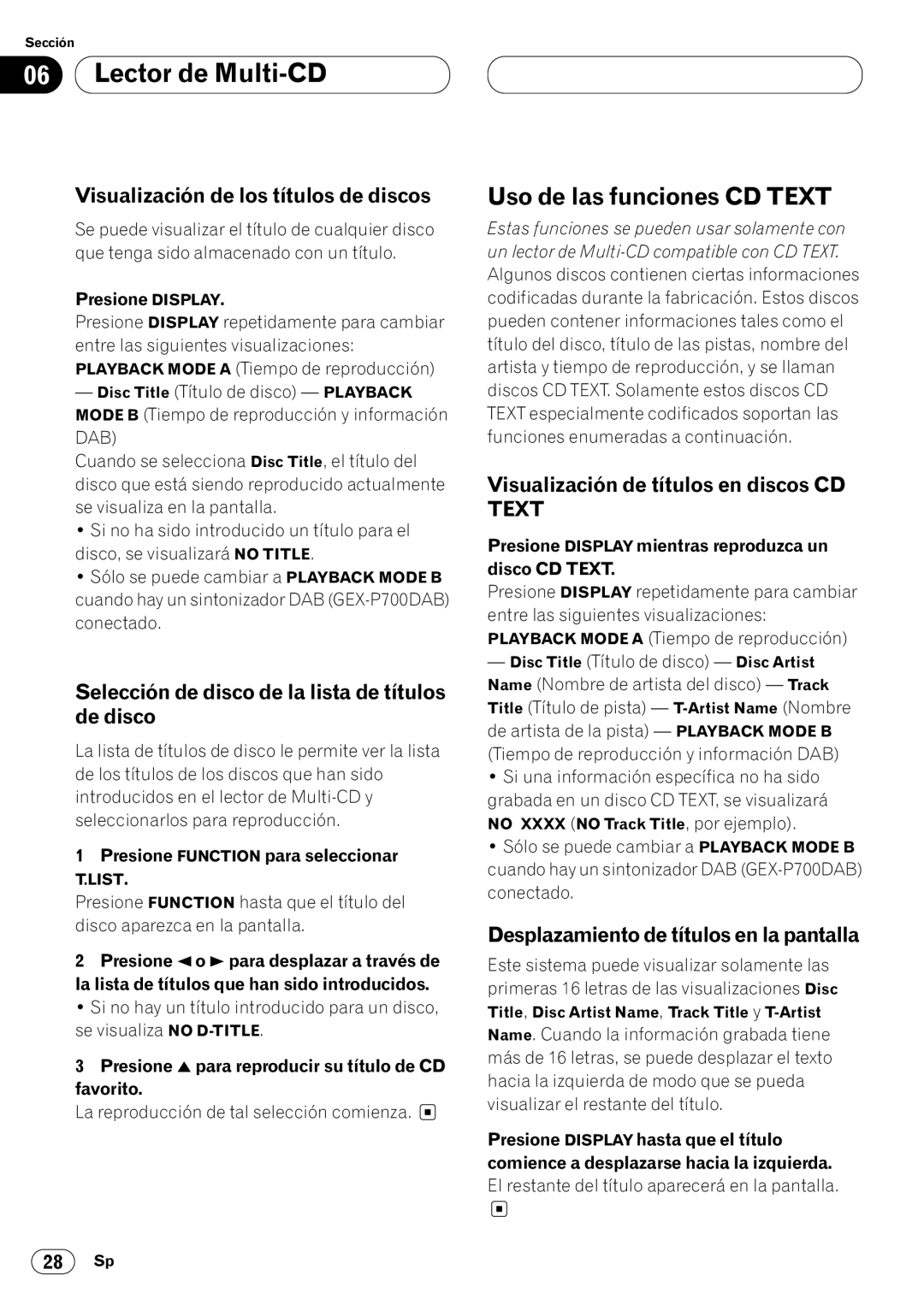 Pioneer KEH-P7020R operation manual Uso de las funciones CD Text, Visualización de los títulos de discos 