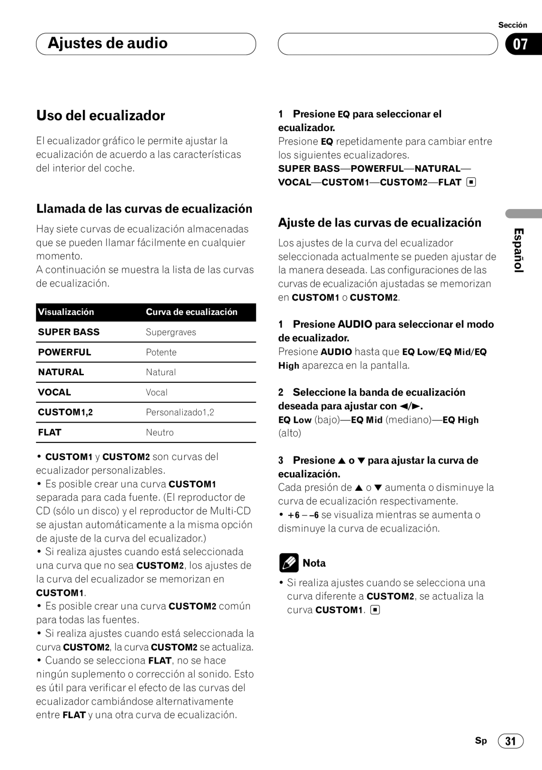 Pioneer KEH-P7020R Uso del ecualizador, Llamada de las curvas de ecualización, Ajuste de las curvas de ecualización 