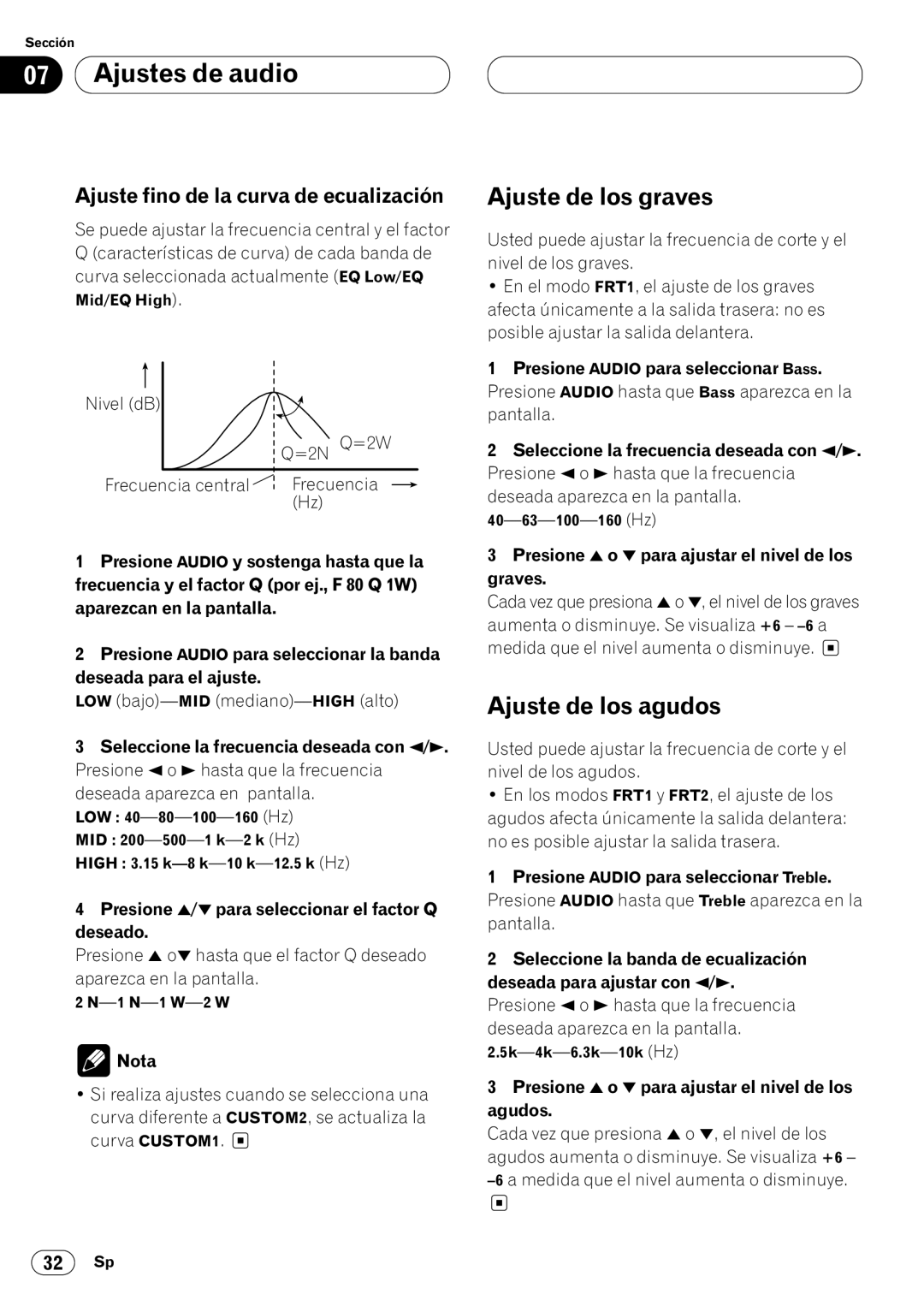 Pioneer KEH-P7020R operation manual Ajuste de los graves, Ajuste de los agudos, Ajuste fino de la curva de ecualización 