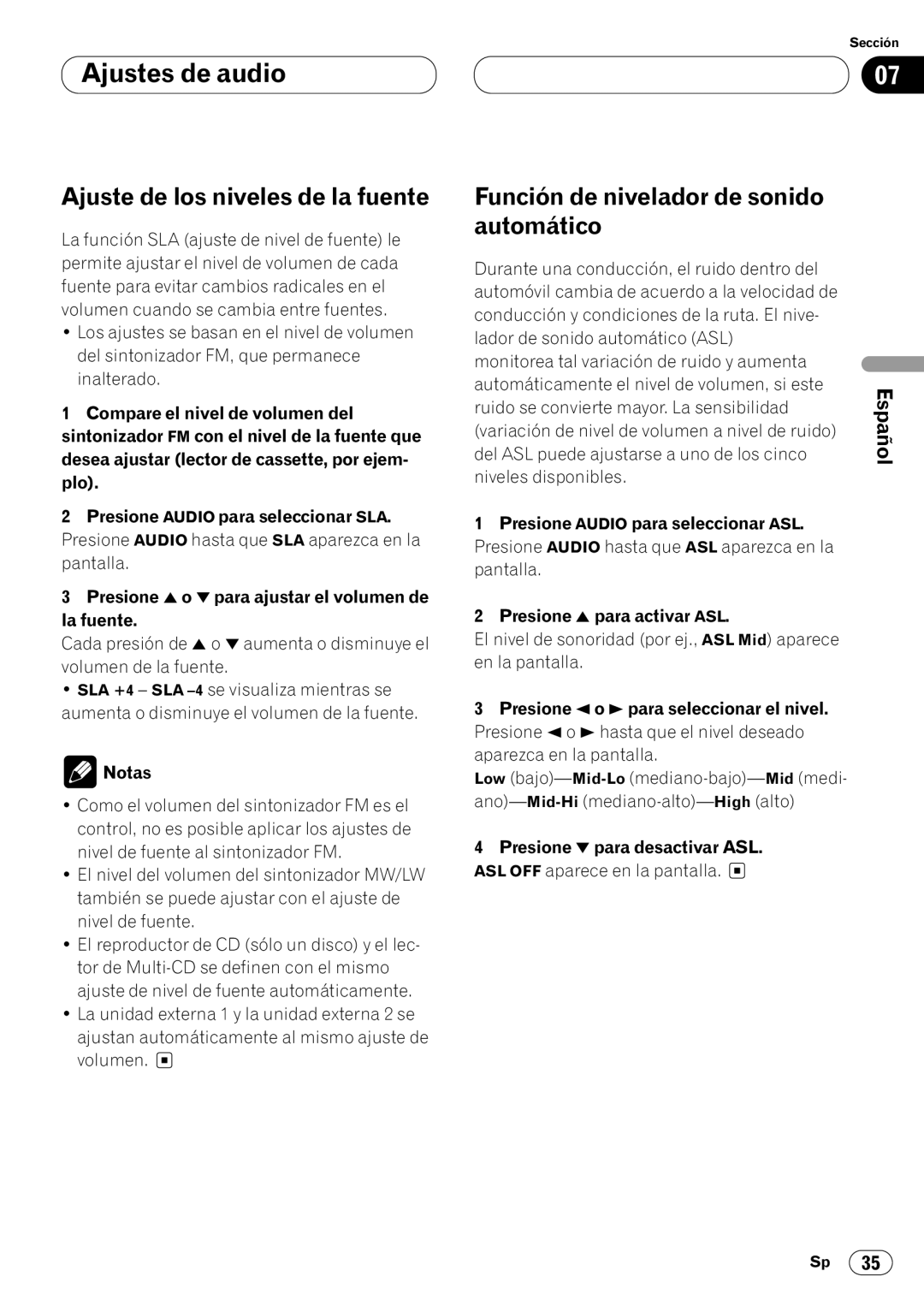 Pioneer KEH-P7020R operation manual Ajuste de los niveles de la fuente, Función de nivelador de sonido Automático 