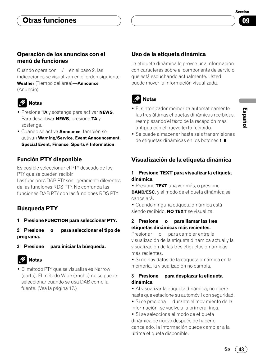 Pioneer KEH-P7020R Operación de los anuncios con el menú de funciones, Uso de la etiqueta dinámica, Función PTY disponible 