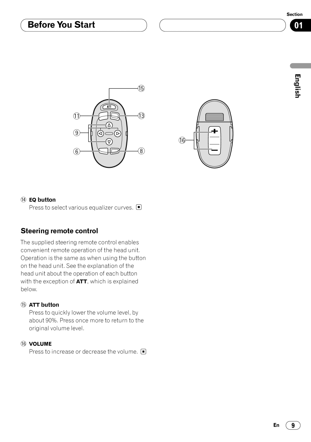 Pioneer KEH-P7020R operation manual Steering remote control English, EQ button, @ ATT button 