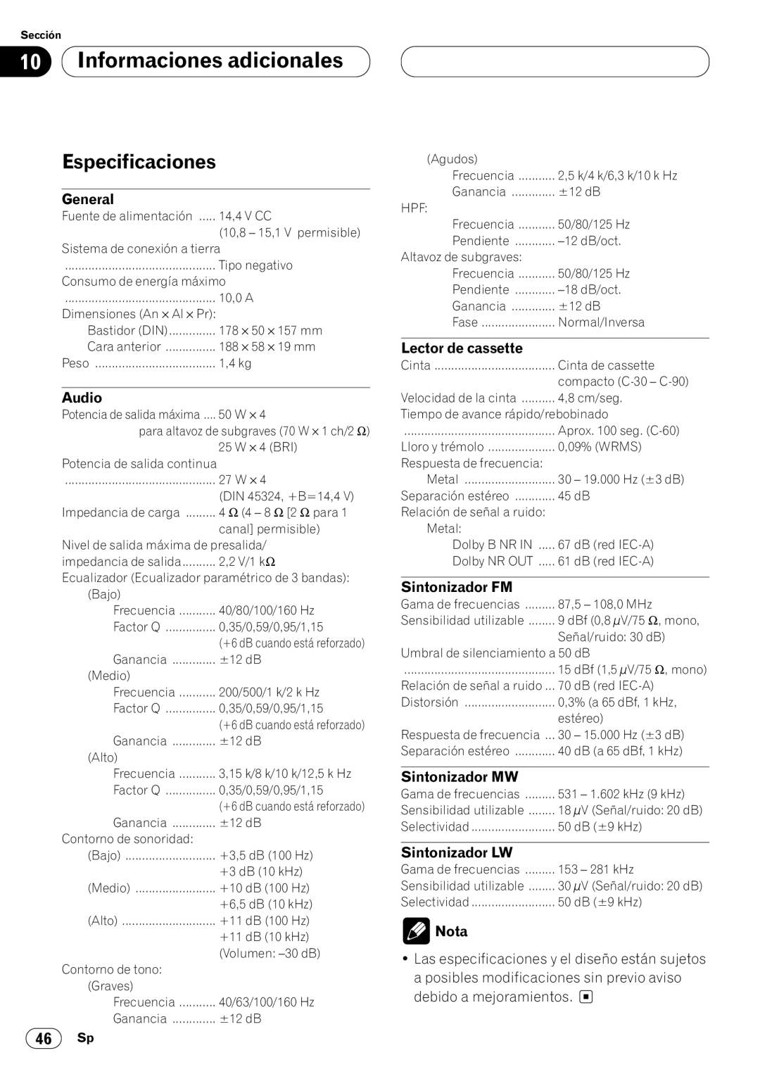 Pioneer KEH-P7020R operation manual Especificaciones, Sintonizador FM, Sintonizador MW, Sintonizador LW 