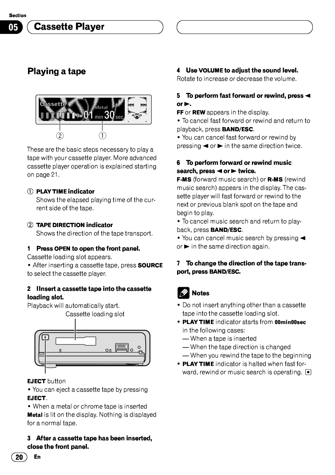 Pioneer KEH-P7020R operation manual 05Cassette Player, Playing a tape, 5To perform fast forward or rewind, press 2 or 