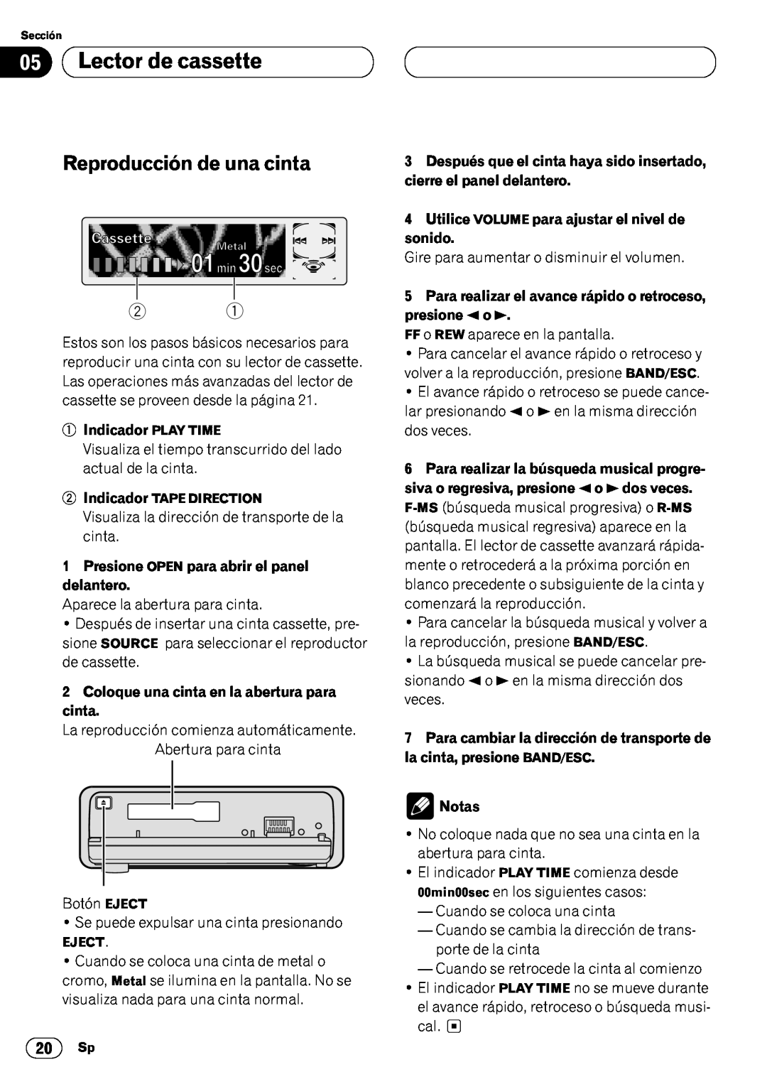 Pioneer KEH-P7020R operation manual 05Lector de cassette, Reproducción de una cinta, 1Indicador PLAY TIME, Notas 