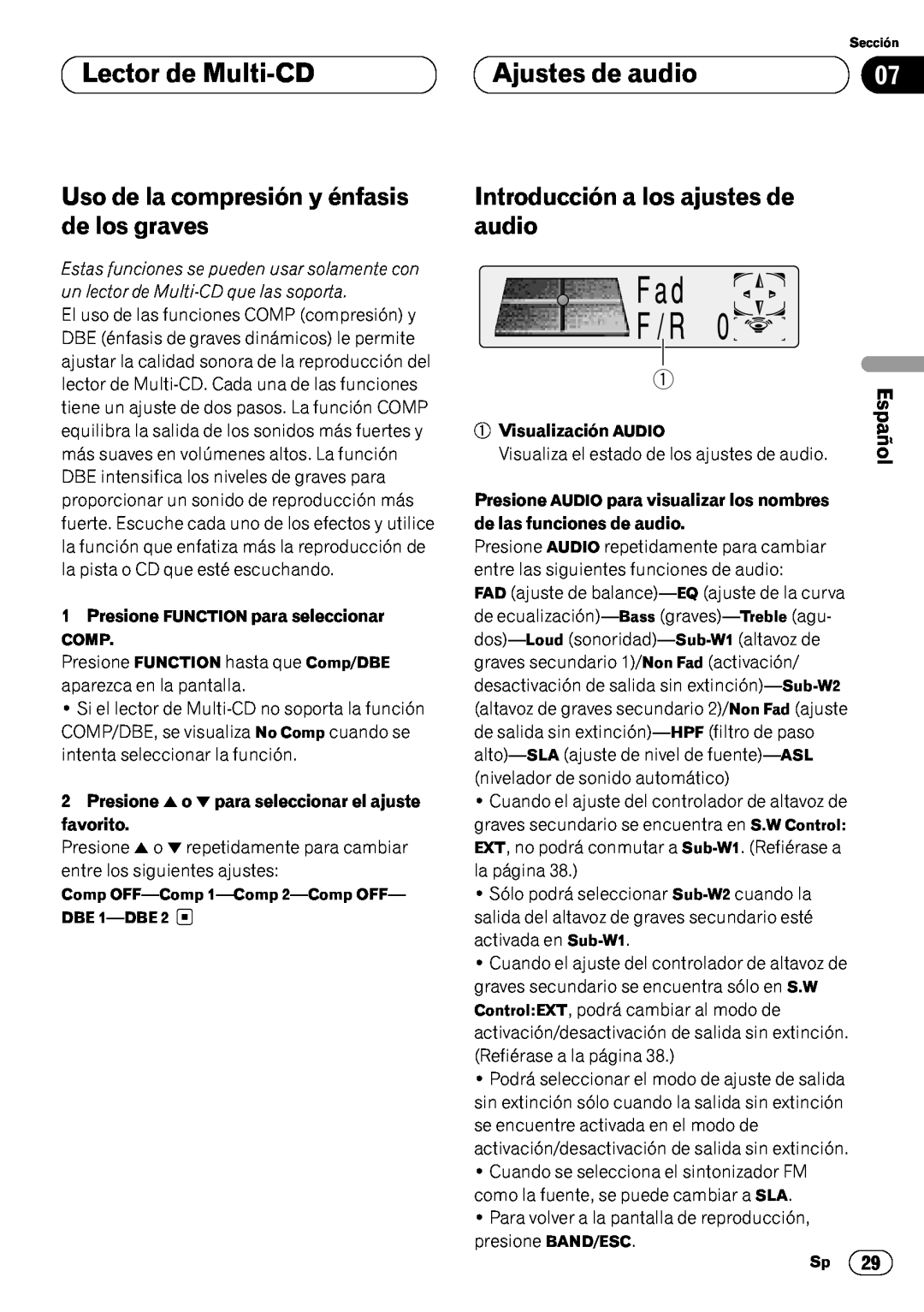 Pioneer KEH-P7020R Ajustes de audio, Lector de Multi-CD, Uso de la compresión y énfasis de los graves, English, Español 