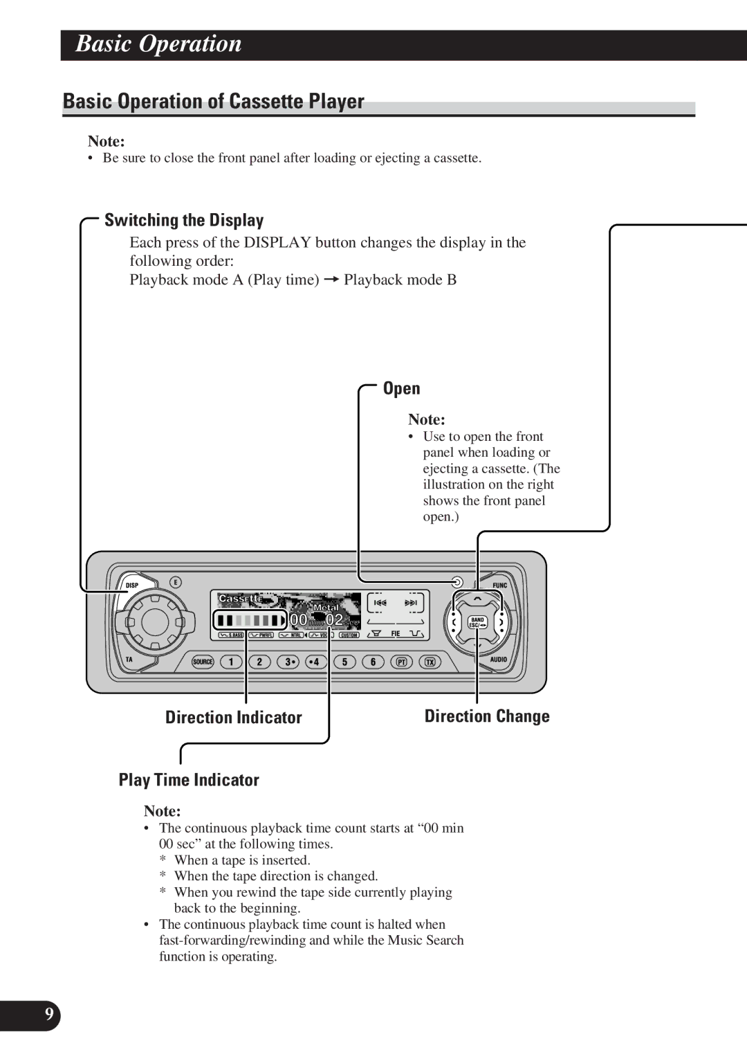 Pioneer KEH-P7900R Basic Operation of Cassette Player, Switching the Display, Direction Indicator Play Time Indicator Open 