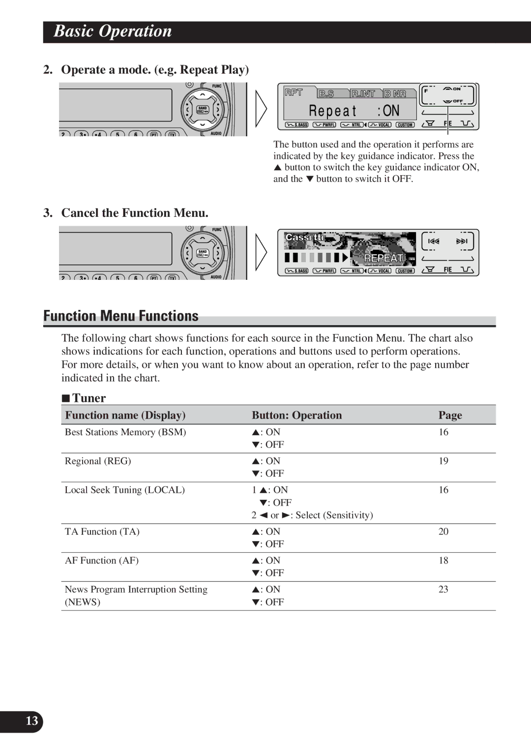 Pioneer KEH-P7900R Function Menu Functions, Operate a mode. e.g. Repeat Play, Cancel the Function Menu, 7Tuner 