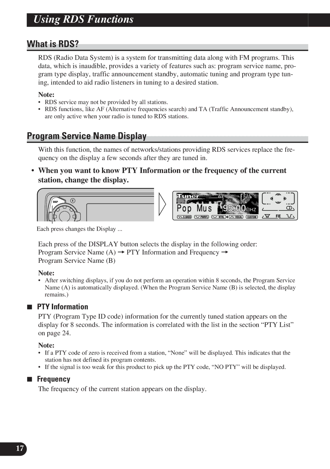 Pioneer KEH-P7900R Using RDS Functions, What is RDS?, Program Service Name Display, PTY Information, Frequency 