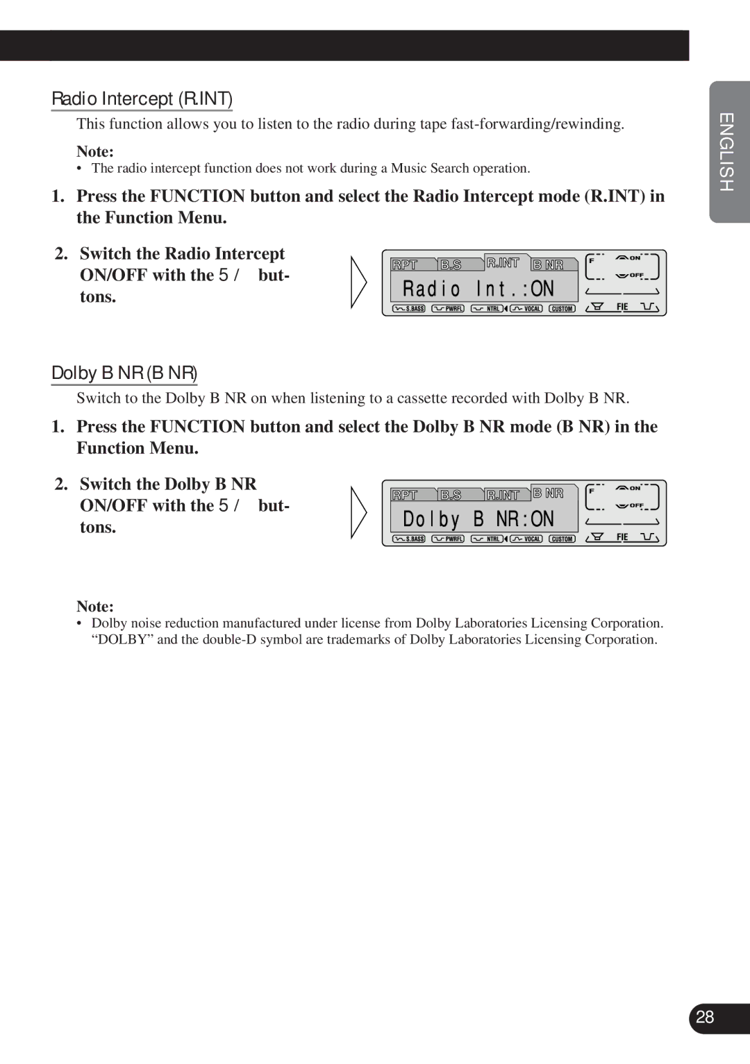 Pioneer KEH-P7900R operation manual Radio Intercept R.INT, Dolby B NR B NR 