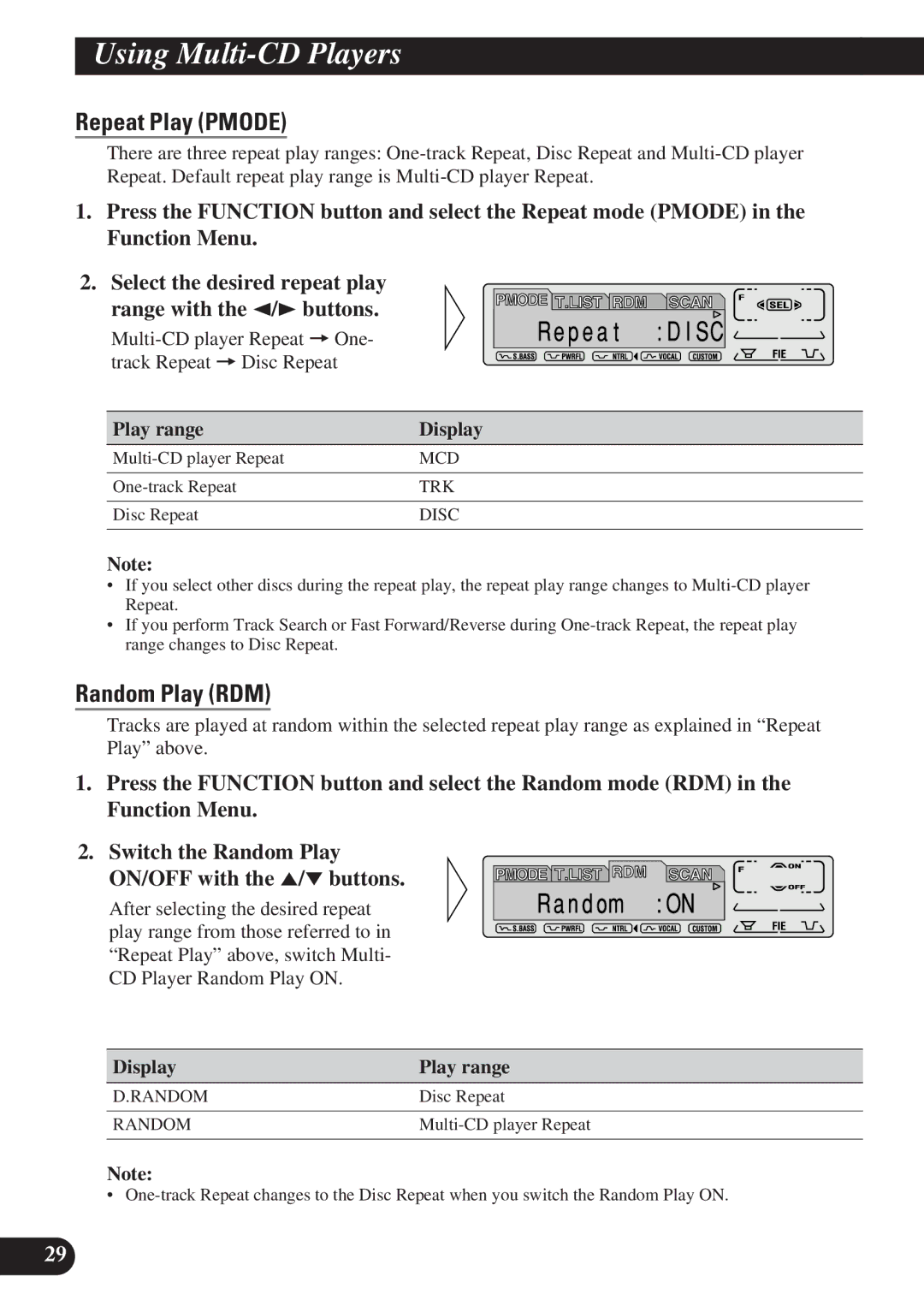 Pioneer KEH-P7900R Using Multi-CD Players, Repeat Play Pmode, Random Play RDM, Play range Display, Display Play range 