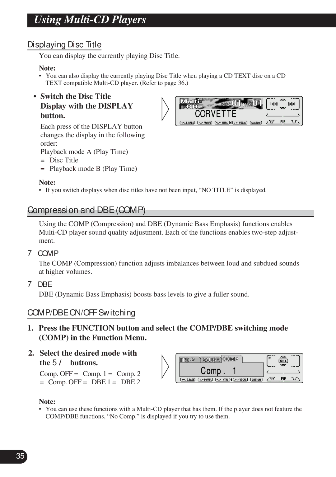 Pioneer KEH-P7900R operation manual Compression and DBE Comp, Displaying Disc Title, COMP/DBE ON/OFF Switching 