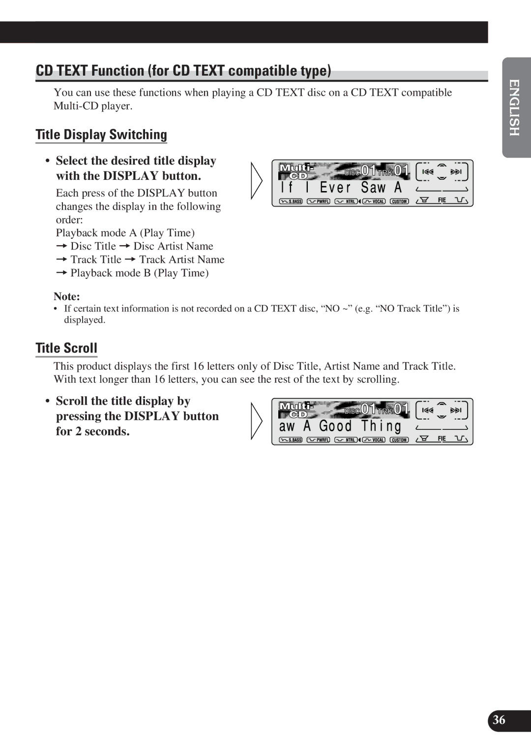 Pioneer KEH-P7900R operation manual CD Text Function for CD Text compatible type, Title Display Switching, Title Scroll 