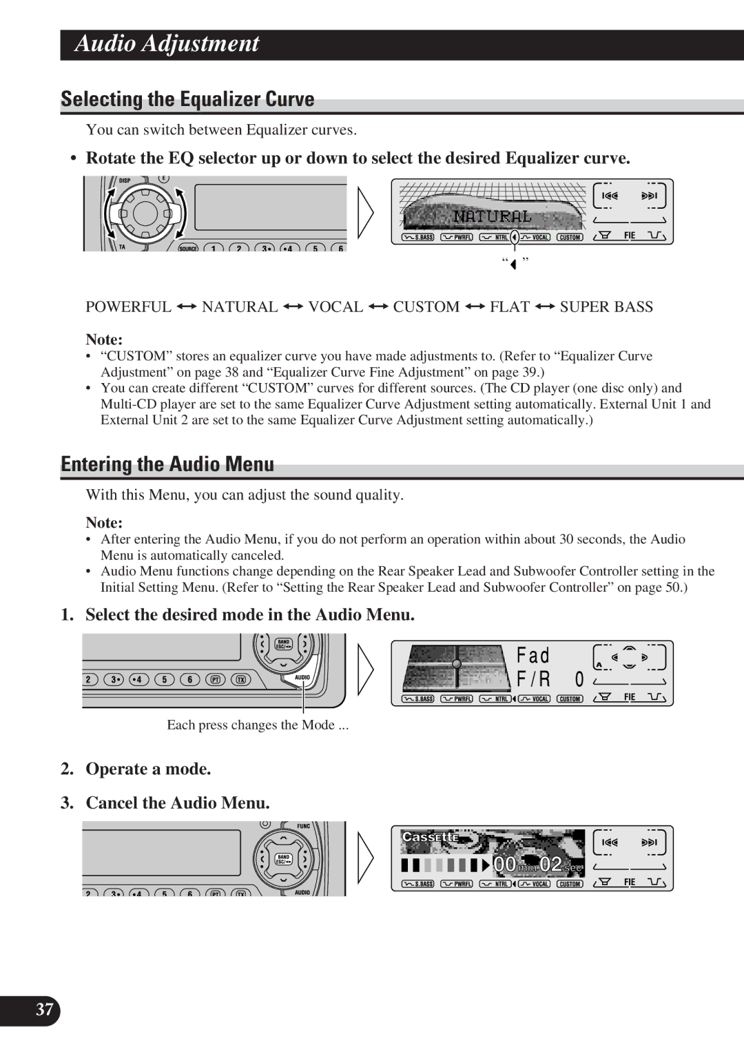 Pioneer KEH-P7900R operation manual Audio Adjustment, Selecting the Equalizer Curve, Entering the Audio Menu 