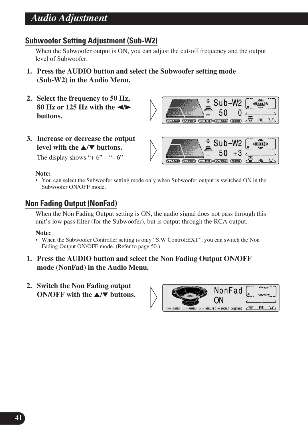 Pioneer KEH-P7900R operation manual Subwoofer Setting Adjustment Sub-W2, Non Fading Output NonFad 