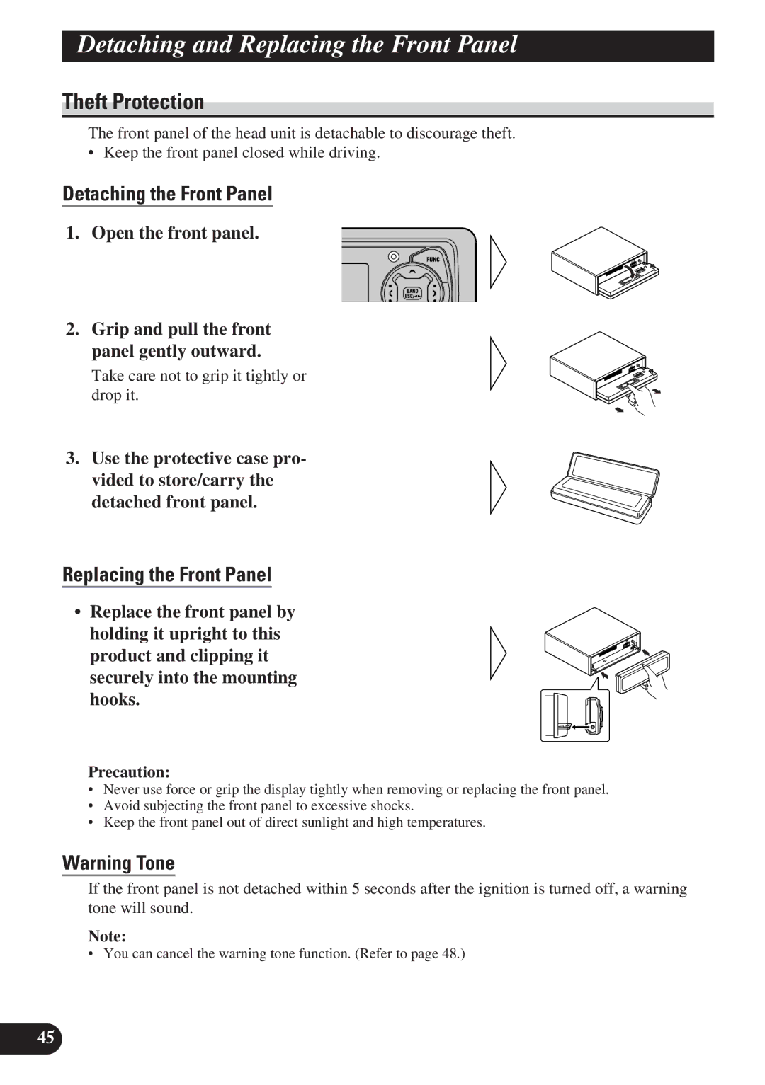 Pioneer KEH-P7900R operation manual Detaching and Replacing the Front Panel, Theft Protection, Detaching the Front Panel 