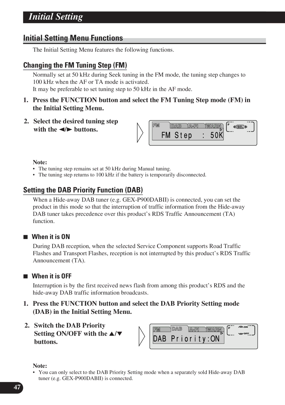 Pioneer KEH-P7900R Initial Setting Menu Functions, Changing the FM Tuning Step FM, Setting the DAB Priority Function DAB 