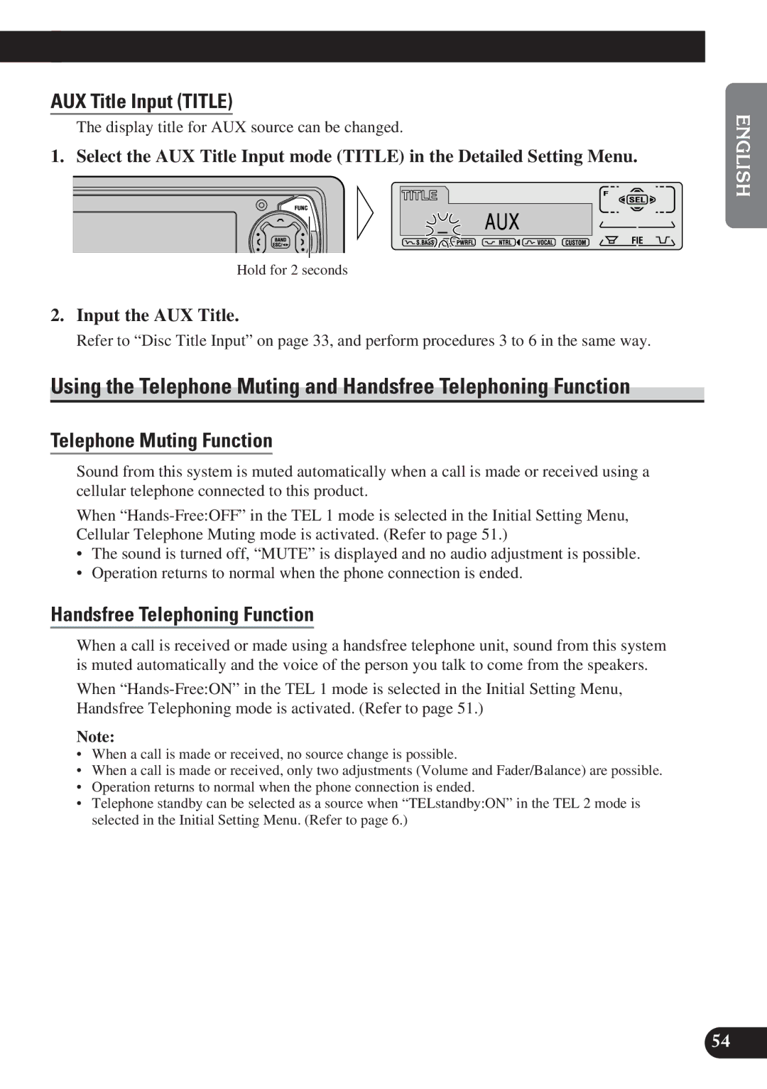 Pioneer KEH-P7900R operation manual AUX Title Input Title, Handsfree Telephoning Function, Input the AUX Title 