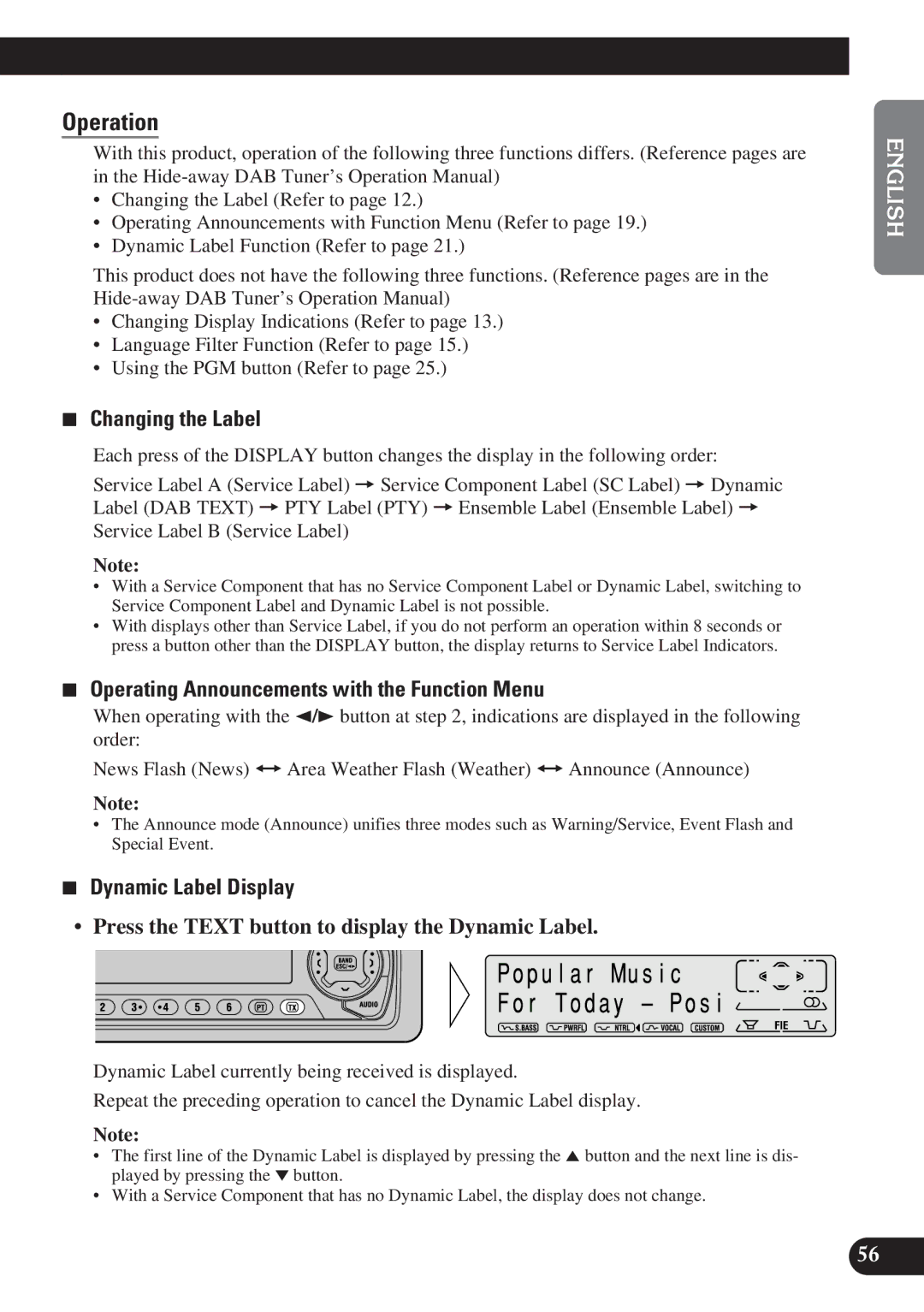 Pioneer KEH-P7900R Operation, Changing the Label, Operating Announcements with the Function Menu, Dynamic Label Display 