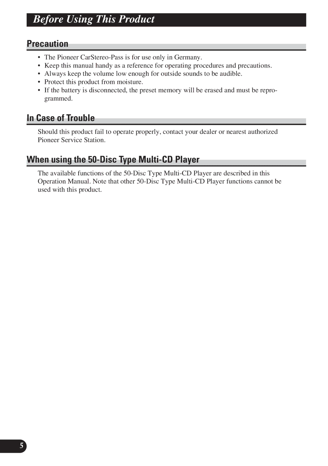 Pioneer KEH-P7900R operation manual Precaution, Case of Trouble, When using the 50-Disc Type Multi-CD Player 