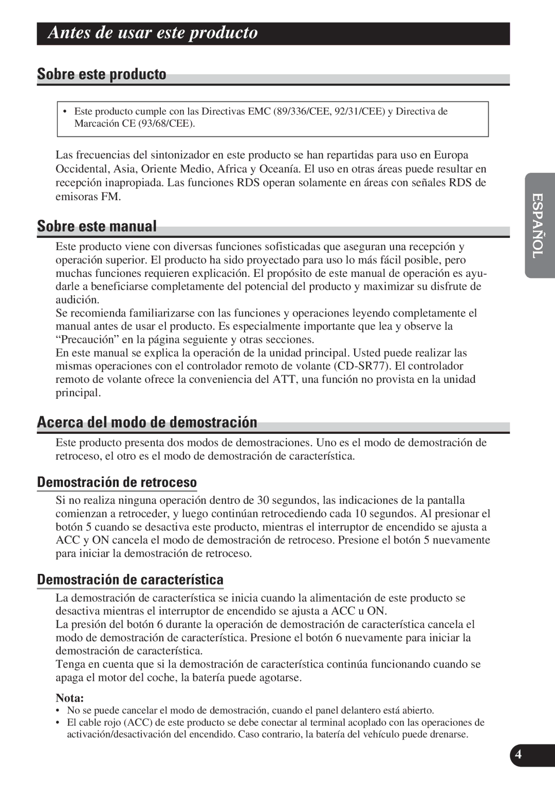 Pioneer KEH-P7900R Antes de usar este producto, Sobre este producto, Sobre este manual, Acerca del modo de demostración 