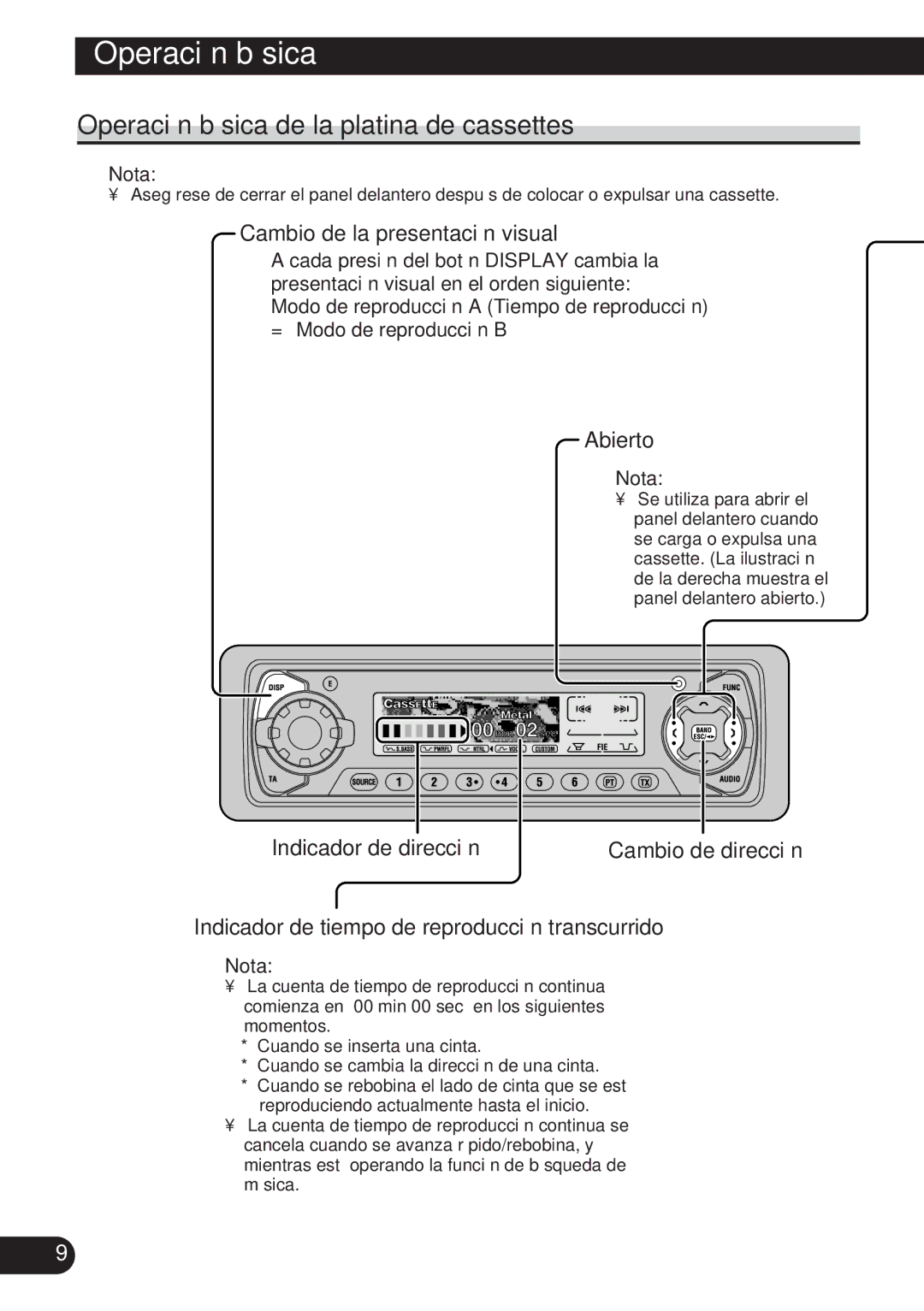 Pioneer KEH-P7900R operation manual Operación básica de la platina de cassettes, Cambio de la presentación visual, Abierto 