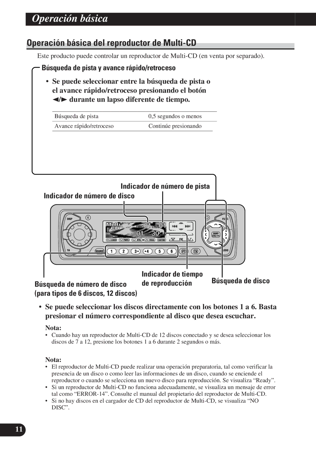 Pioneer KEH-P7900R Operación básica del reproductor de Multi-CD, Búsqueda de pista y avance rápido/retroceso 