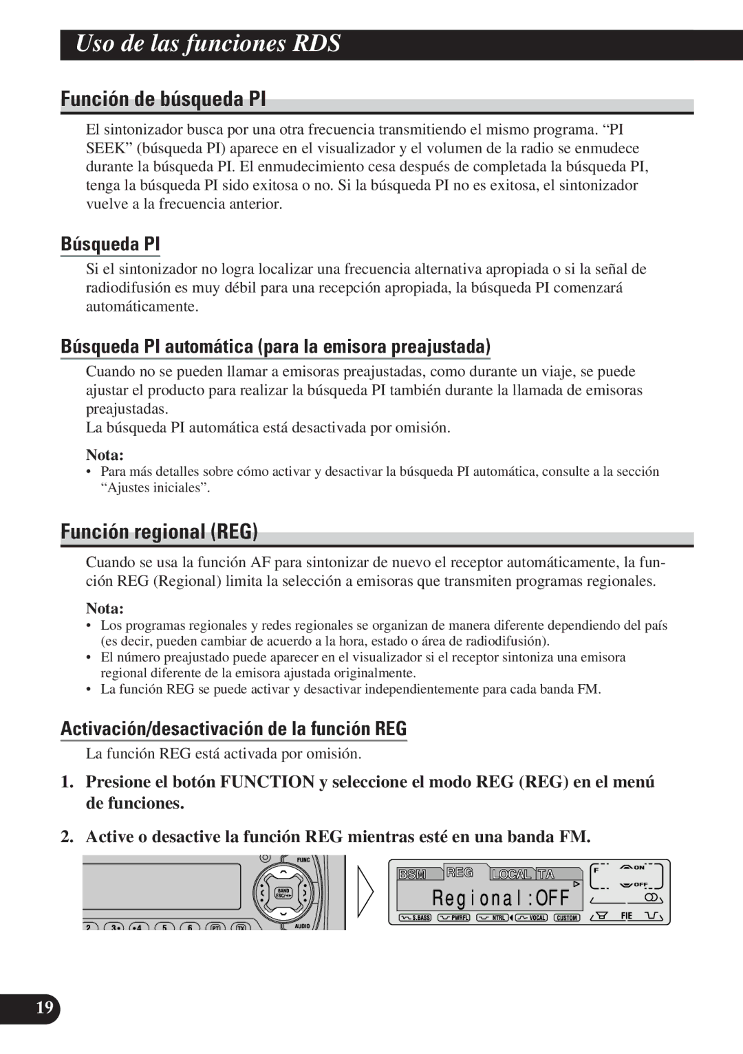 Pioneer KEH-P7900R Función de búsqueda PI, Función regional REG, Búsqueda PI, Activación/desactivación de la función REG 