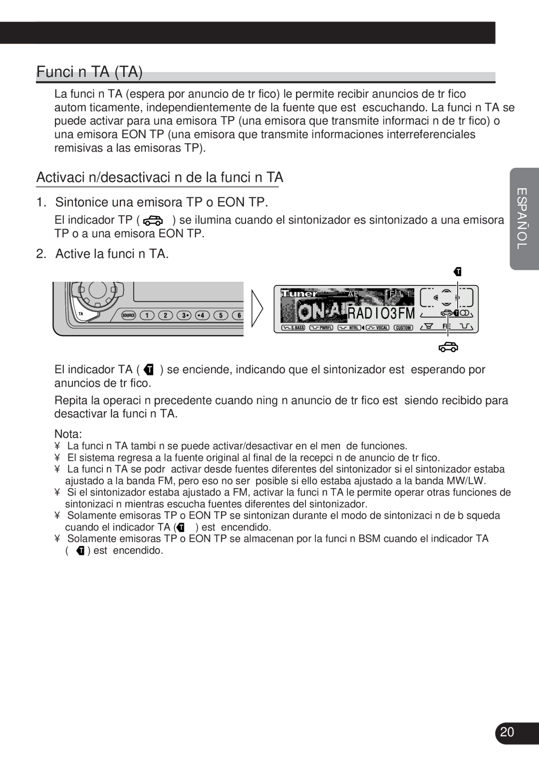 Pioneer KEH-P7900R Función TA TA, Activación/desactivación de la función TA, Sintonice una emisora TP o EON TP 