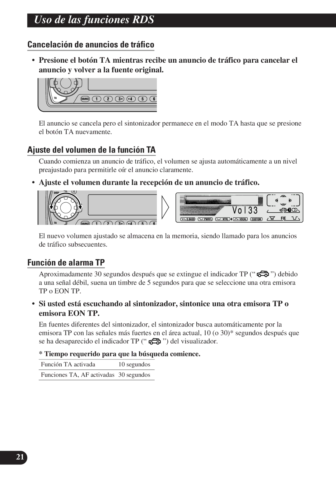 Pioneer KEH-P7900R Cancelación de anuncios de tráfico, Ajuste del volumen de la función TA, Función de alarma TP 