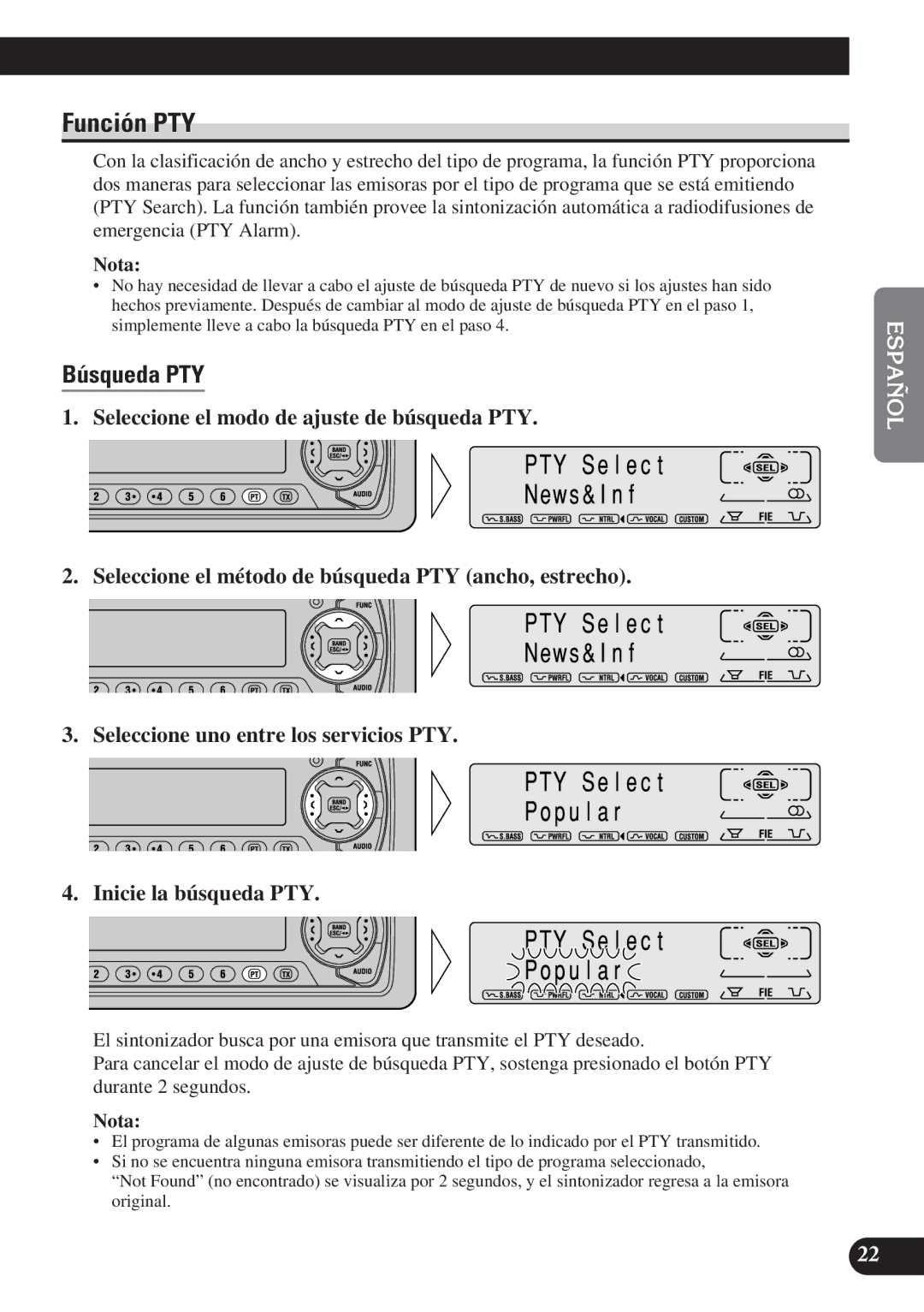 Pioneer KEH-P7900R operation manual Función PTY, Búsqueda PTY 