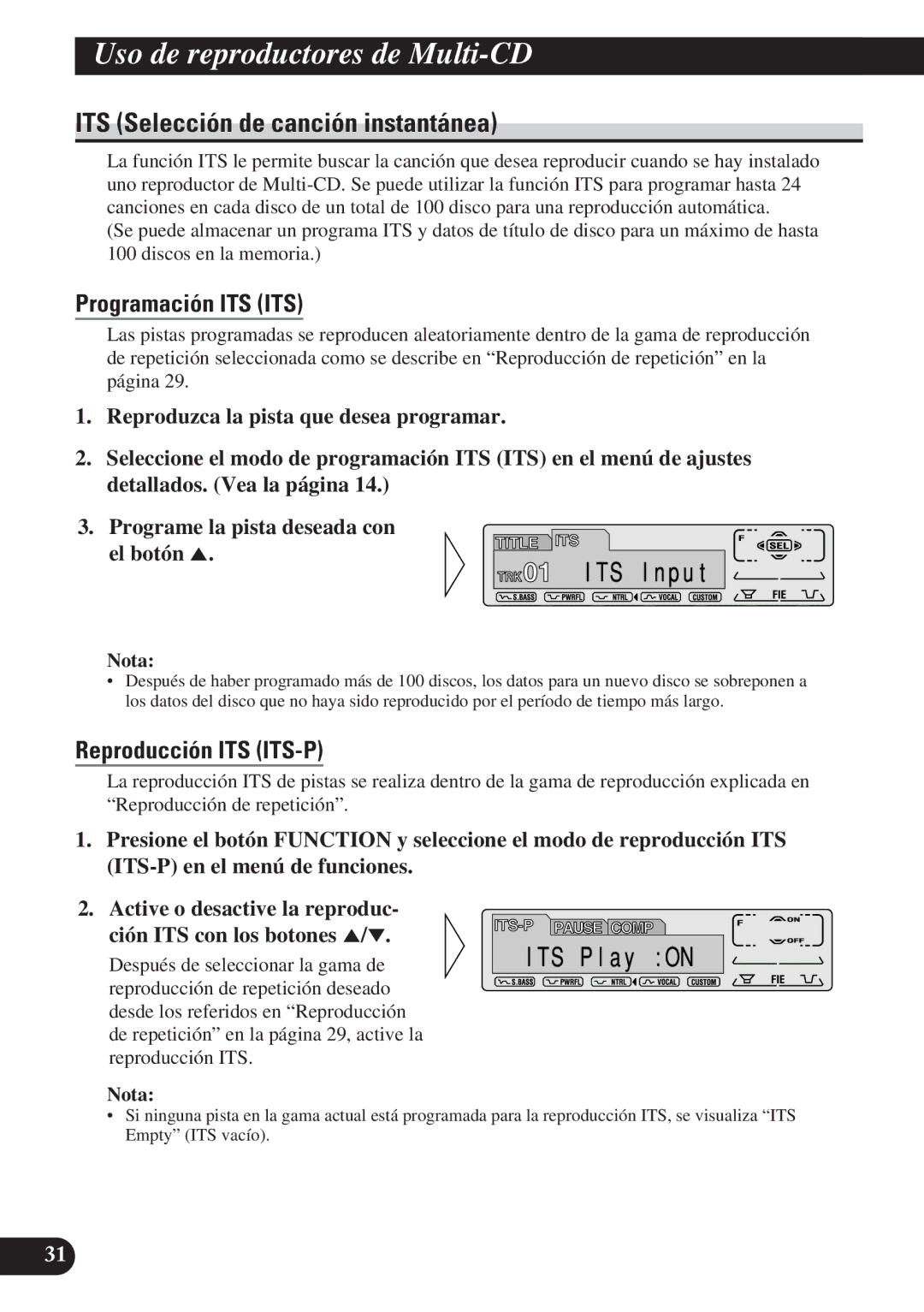 Pioneer KEH-P7900R operation manual ITS Selección de canción instantánea, Programación ITS ITS, Reproducción ITS ITS-P 